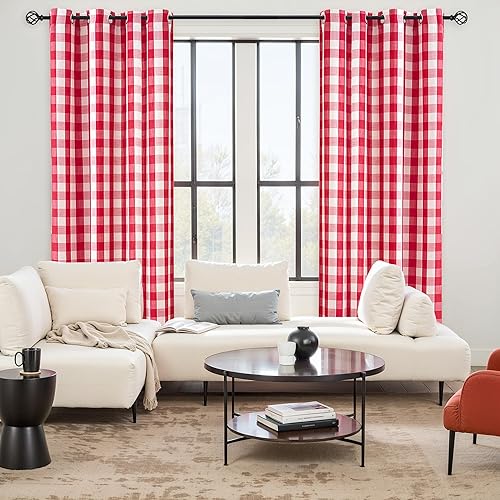 Vista 7 de Jubilantex Paneles de cortina semitransparentes a cuadros rojos y blancos, cortinas texturizadas a cuadros, cortinas de ventana de granja con ojales