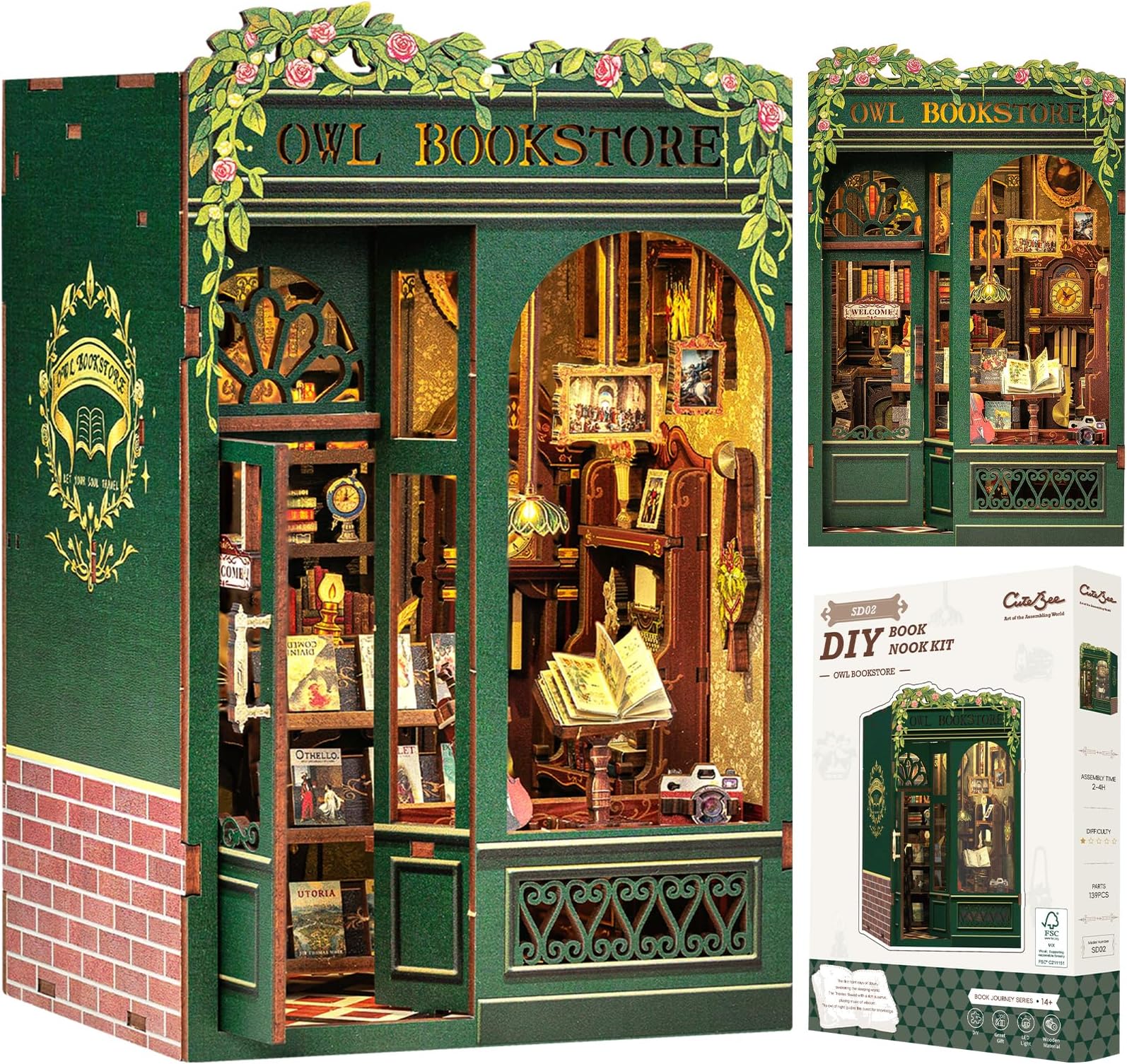 CUTEBEE Book Nook Kit Owl Bookstore – 3D Wooden Puzzle for Adults, DIY Miniature House with LED, Bookshelf Decor, Creative Gifts for Teens & Adults