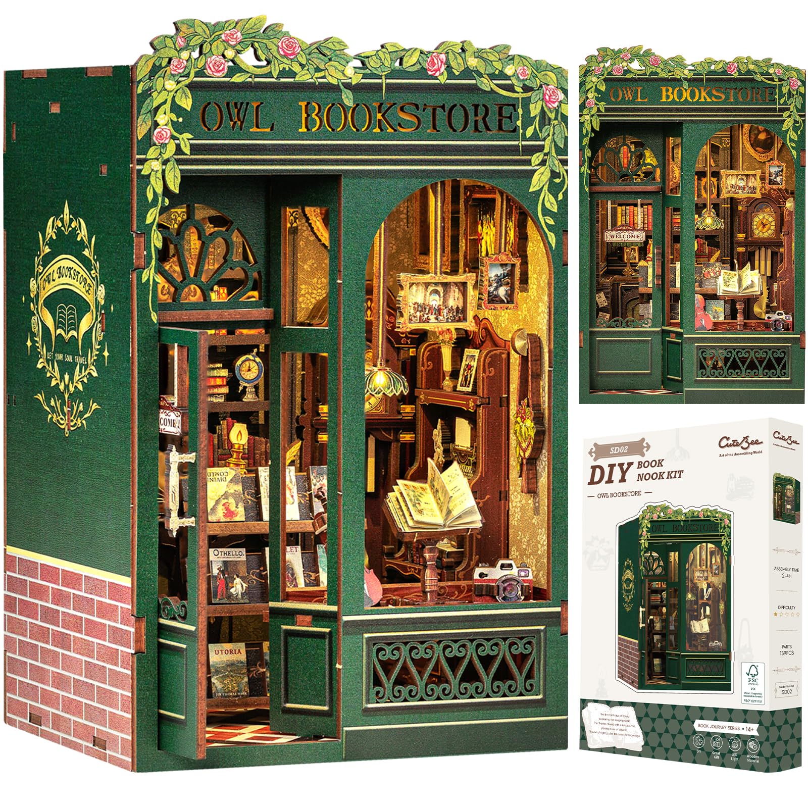 CUTEBEE Book Nook Kit Owl Bookstore - DIY Miniatur Haus mit LED, 3D Puzzle Erwachsene, Mini Puppenhaus als Bücherregal Deko, Miniatur Bibliothek Bausatz für Kreative, Geschenk für Erwachsene