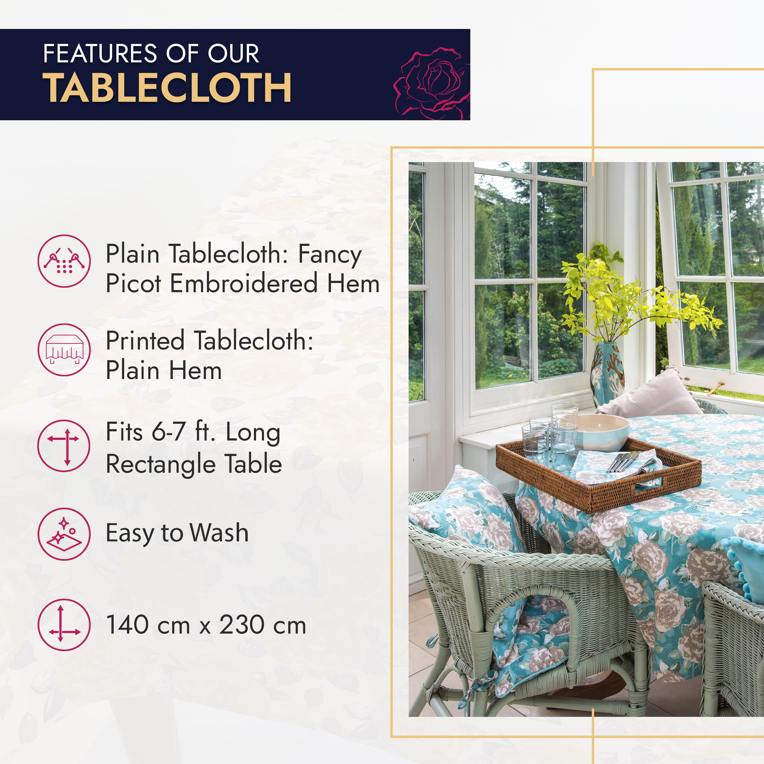 Ragged Rose Cotton Tablecloth for a 6-7 Ft Table, Versatile Table Cloth with Simple Embroidered Hem - Image 4