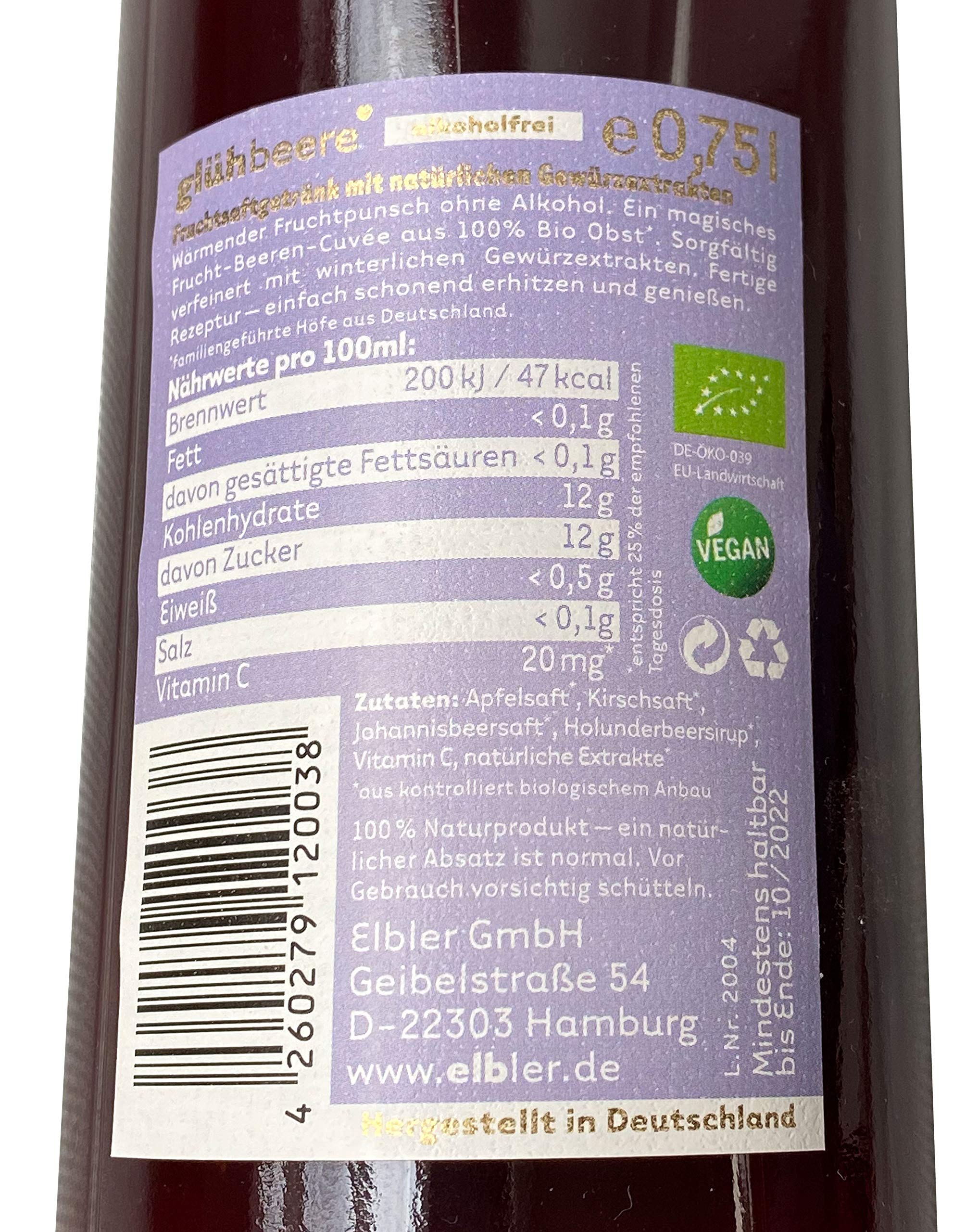 Elbler Vin chaud sans alcool, 1 x 0,75 l, vin chaud aux baies biologiques, à base de fruits biologiques, avec extraits d'hiver de vanille, cannelle et clou de girofle, végétalien et sans gluten, 100