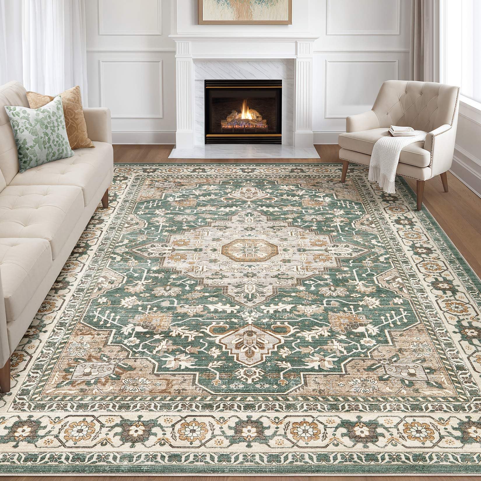 Green Rug Living Room Rugs: 10x14 Washable Boho Large Vintage Soft Stain Resistant Farmhouse Oriental Non Slip Indoor Floor Carpet for Bedroom Nursery