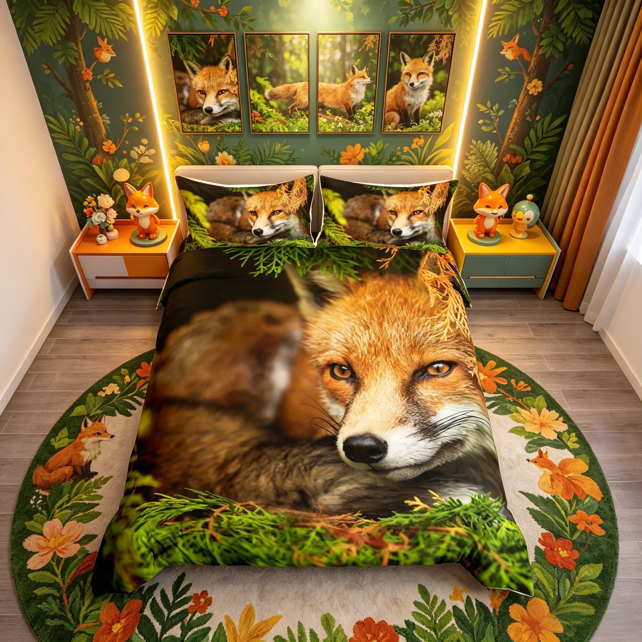 Fox Print Duvet Cover 3D Wild Animal Theme Bedding Set Woodland Fox Comforter Cover for Boys Girls Kids Room Decor Lightweight Nature Wildlife Pattern Bedspread Cover Super King With 2 Pillow Case — image 1