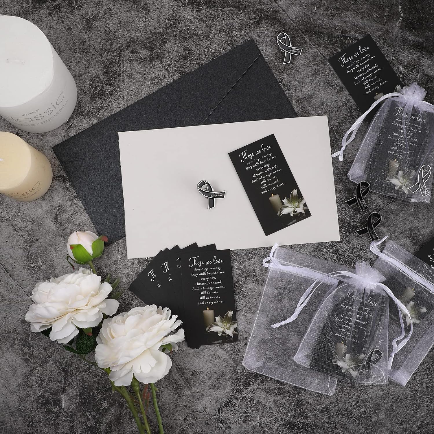 Unittype 60 Set Funeral Ribbon Pins Awareness Lapel Pin Remembrance Ribbon Brooch with Prayer Cards Organza Bags - Image 4