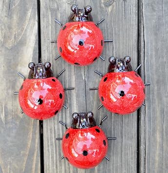 Metal Garden Yard Art Decorative 4 Pack Ladybugs Outside Garden Wall SculpturesRED