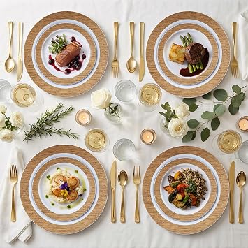 102 Pcs Wood Grain Brown Plastic Plates, Brown Party Plates Premium Plastic Disposable Plate Disposable Include 51 Dinner Platos 10 & 51 Dessert Platos 7, Elegant Wood Grain Design for Party