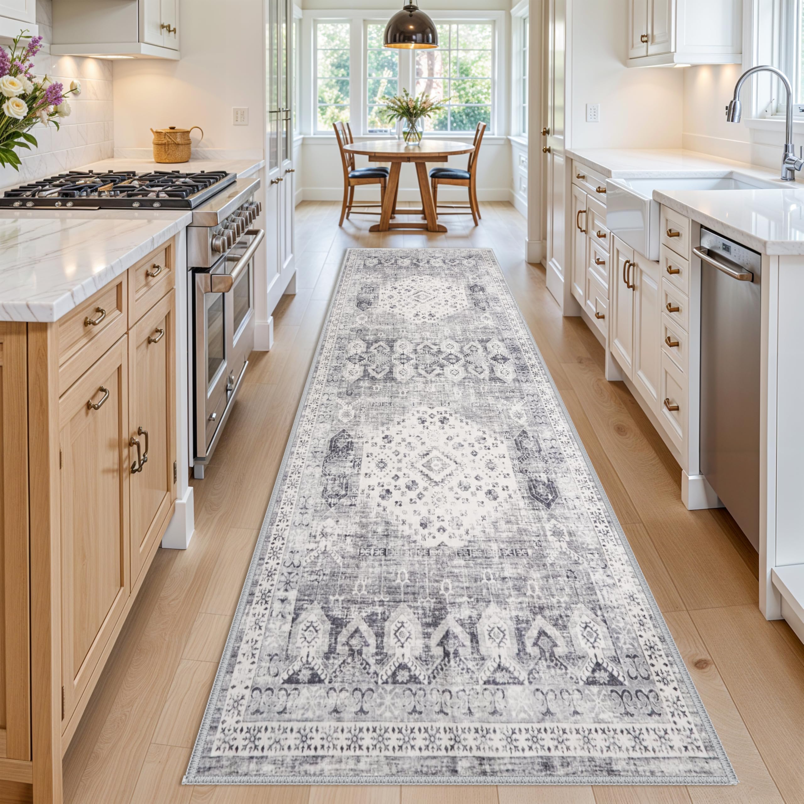 4x12 Washable Kitchen Runner Rug - Wide Indoor Entryway Hallway Rugs with Non Slip Backing Vintage Low Pile Carpet for Bedroom Laundry Ultra Soft Home Decor Floor Mat for Bathroom (Grey,4x12)