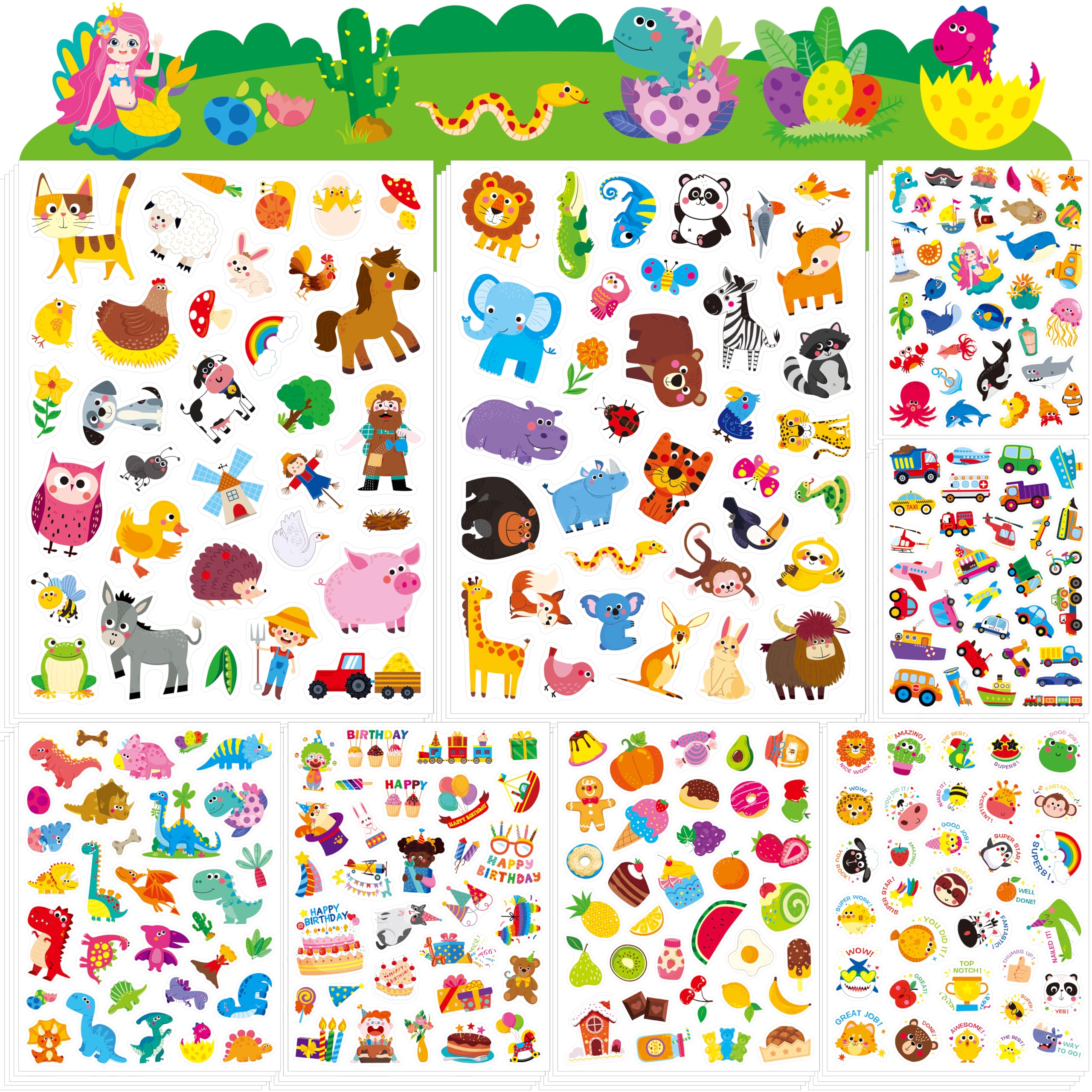 1300PCS Adorable Stickers, Farm/Marine/Wild Animals, Vehicles, Dinosaurs, Food, Party, Food, Reward Stickers Incentive System Stickers for Classroom,