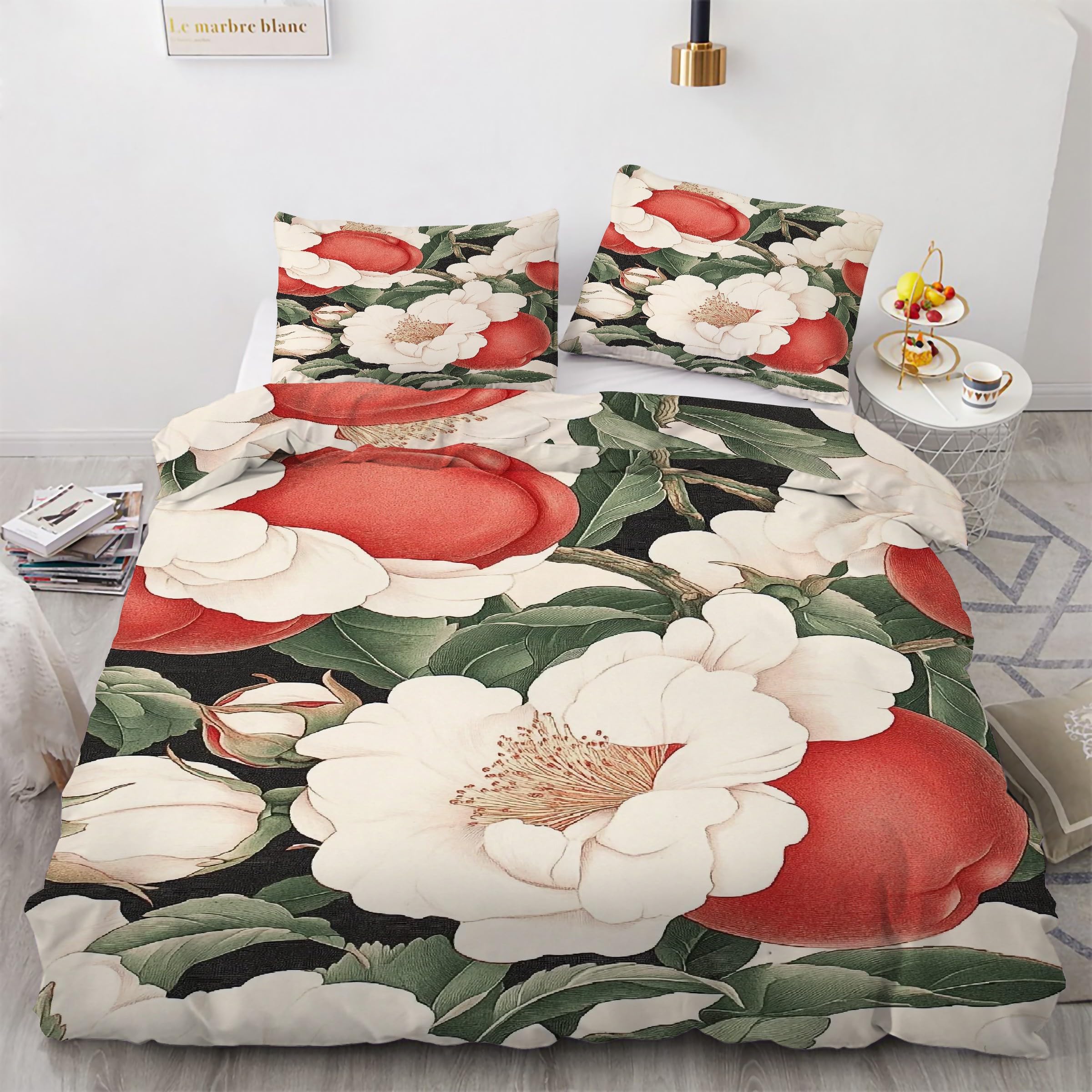 Housse de Couette 240 x 260 Pêche Fleurie KG486 en Microfibre avec Taies d'Oreiller
