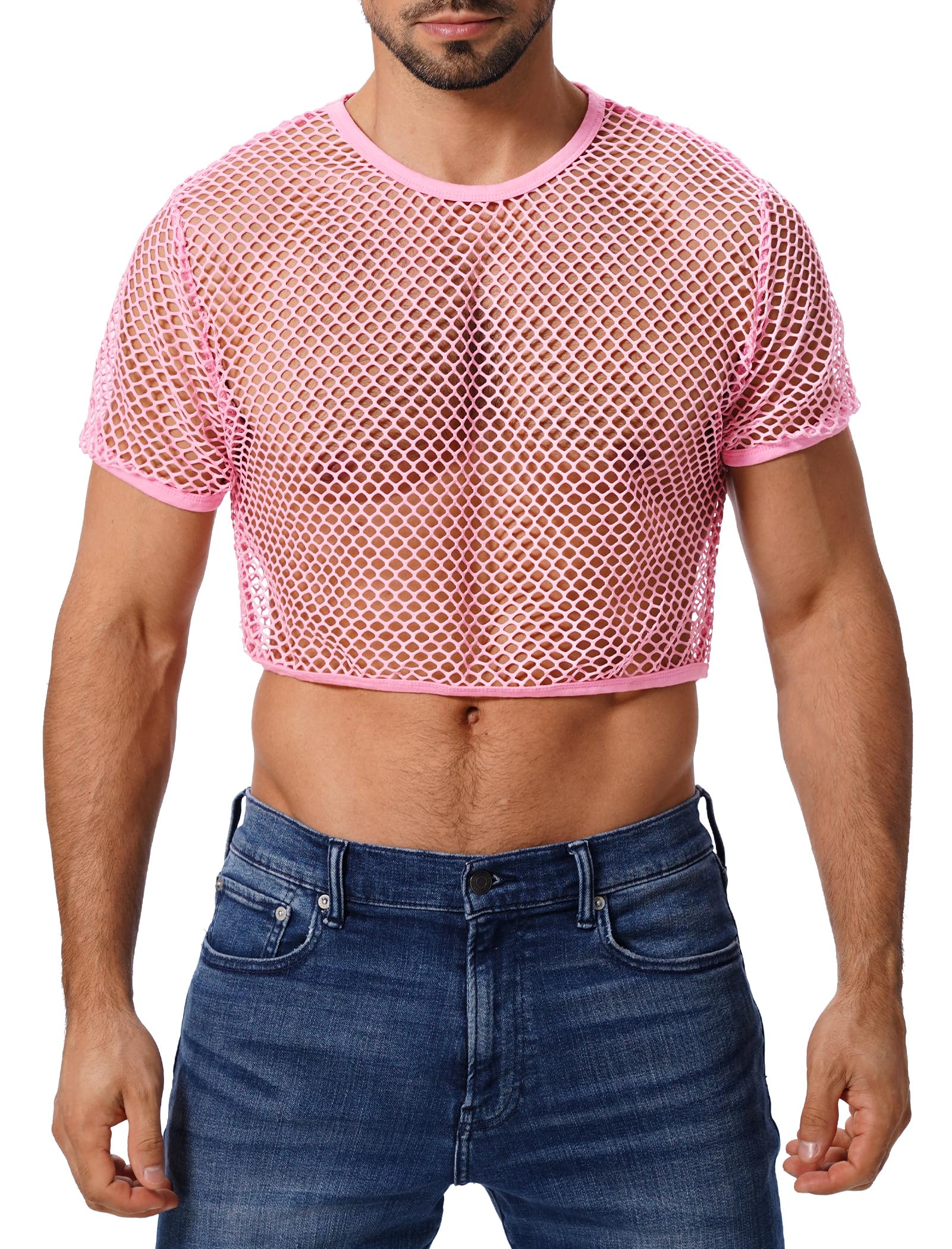 FYMNSI Men's Fishnet Top Mesh Tee Shirt Short Sleeve Round Neck Crop Top Party Club Rave Outfits for Men Muscle Workout Tank Tops See Through Undershirt Gym Training Sports Half Shirt Tops Pink XXL