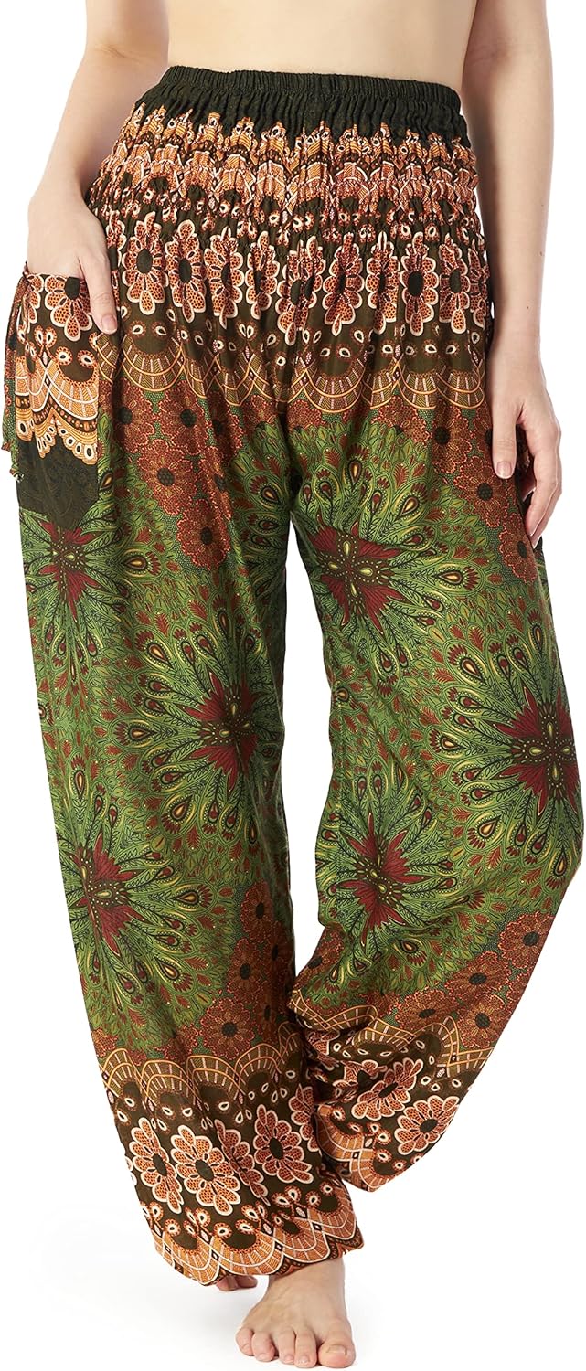 Lannaclothesdesign Women's Boho Harem Pants with Pockets - Smocked Waist Flowy Yoga Hippie Pants S-XXL