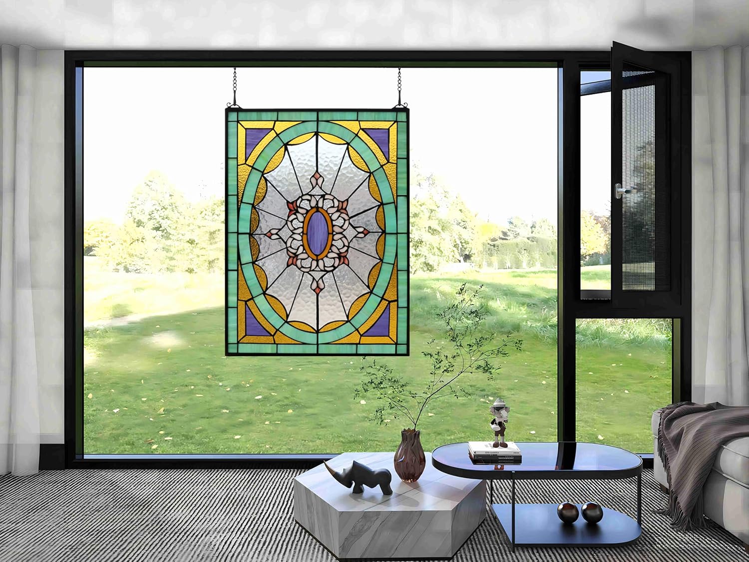 18.25"×25" Green and Purple Stained Glass Window Hanging,100% Real Stained Glass Panel for Home Decor(YLK012)