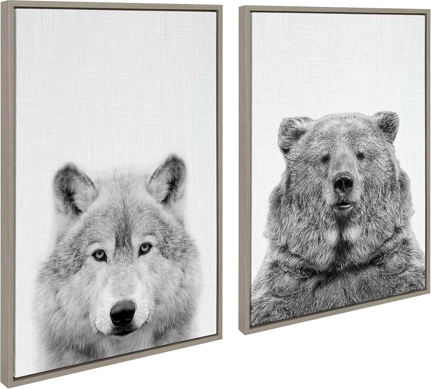 Kate and Laurel Sylvie Wolf and Bear European Framed Canvas Wall Art Set by Simon Te of Tai Prints; 2 piece 18x24 Natural; Modern Nature Animals Art for Wall Home Decor