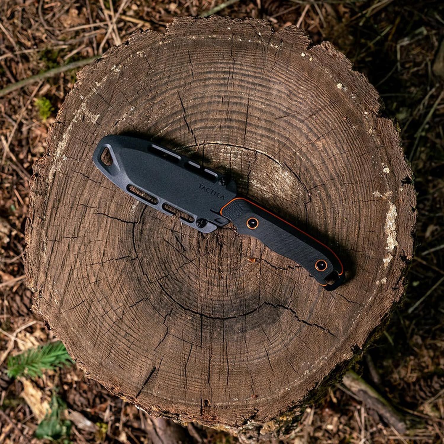 TACTICA K.400 Fixed Blade Hunting Knife, Full Tang D2 Steel Drop Point 3.8in Blade, G10 Handle, Black PVD Finish, Injection Molded Sheath - Survival and Camping, Durable Field and Skinning Knife