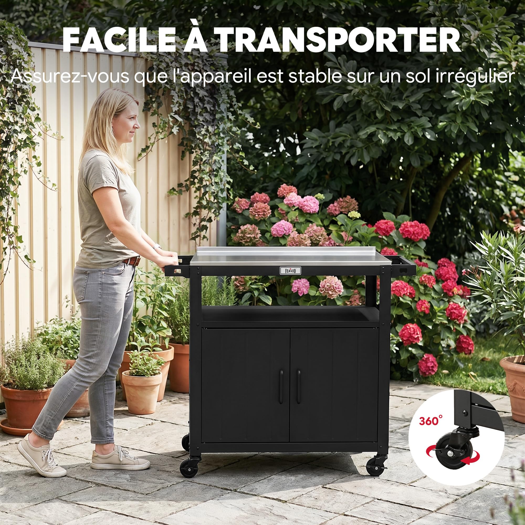Feasto Chariot pour Barbecue avec Armoire de Rangement, 100x45x88 cm | Desserte Plancha avec Plateau en Acier Inox et 4 Roues, Idéal pour Jardin , Terrasse ou Cuisine Exterieure