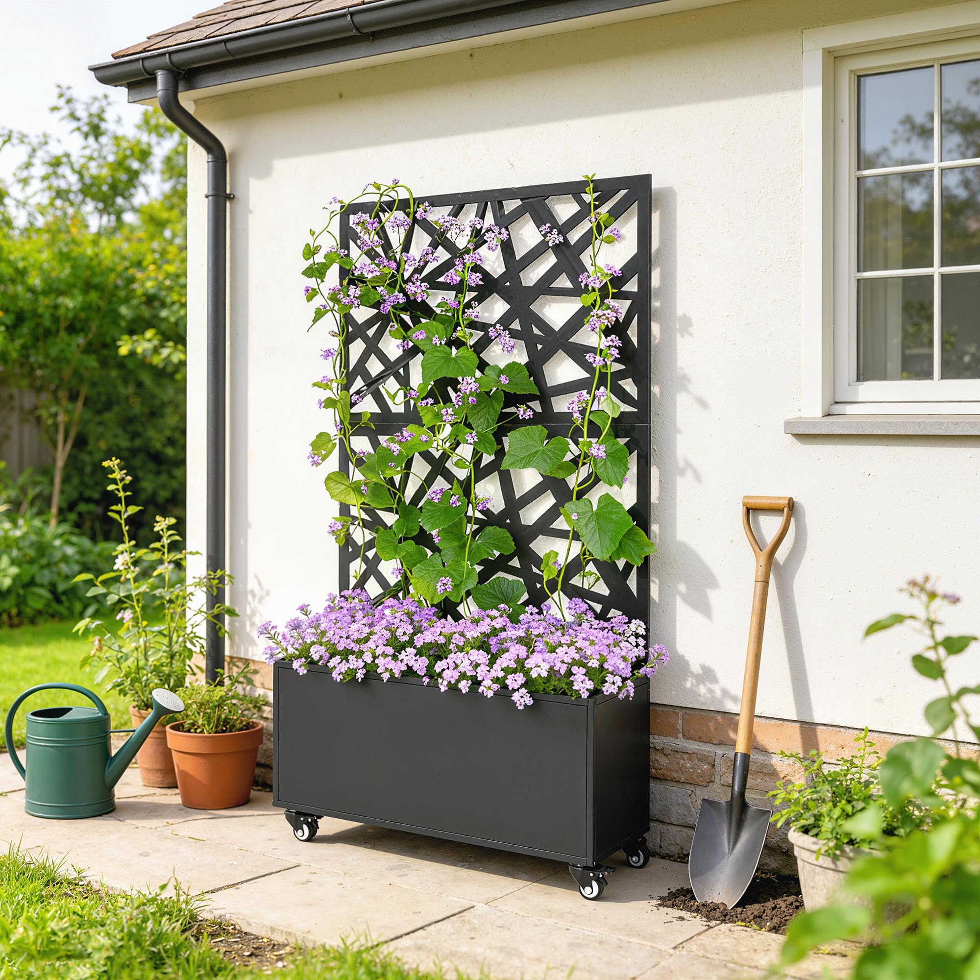 Outsunny Blumenkasten mit Sichtschutz Rankgitter 90 x 30 x 160 cm Schwarz | Pflanzkasten, Rolle, Pflanzkübel aus Metall, Blumenkübel, Rankkasten, Rankhilfe, für Garten, Balkon, Terrasse