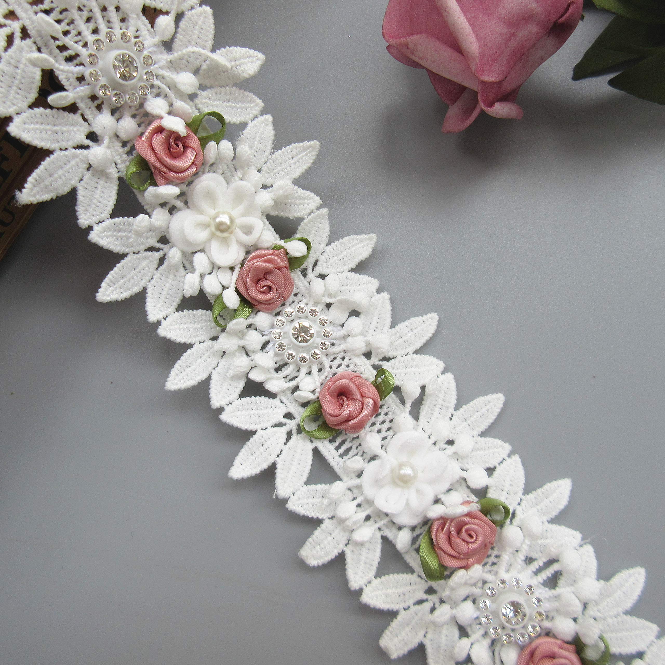 Nastro Di Pizzo Vintage Con Fiori E Perle - Larghezza 5,5cm - Lunghezza 1m - Colore Albicocca - Per Cucito E Decorazioni