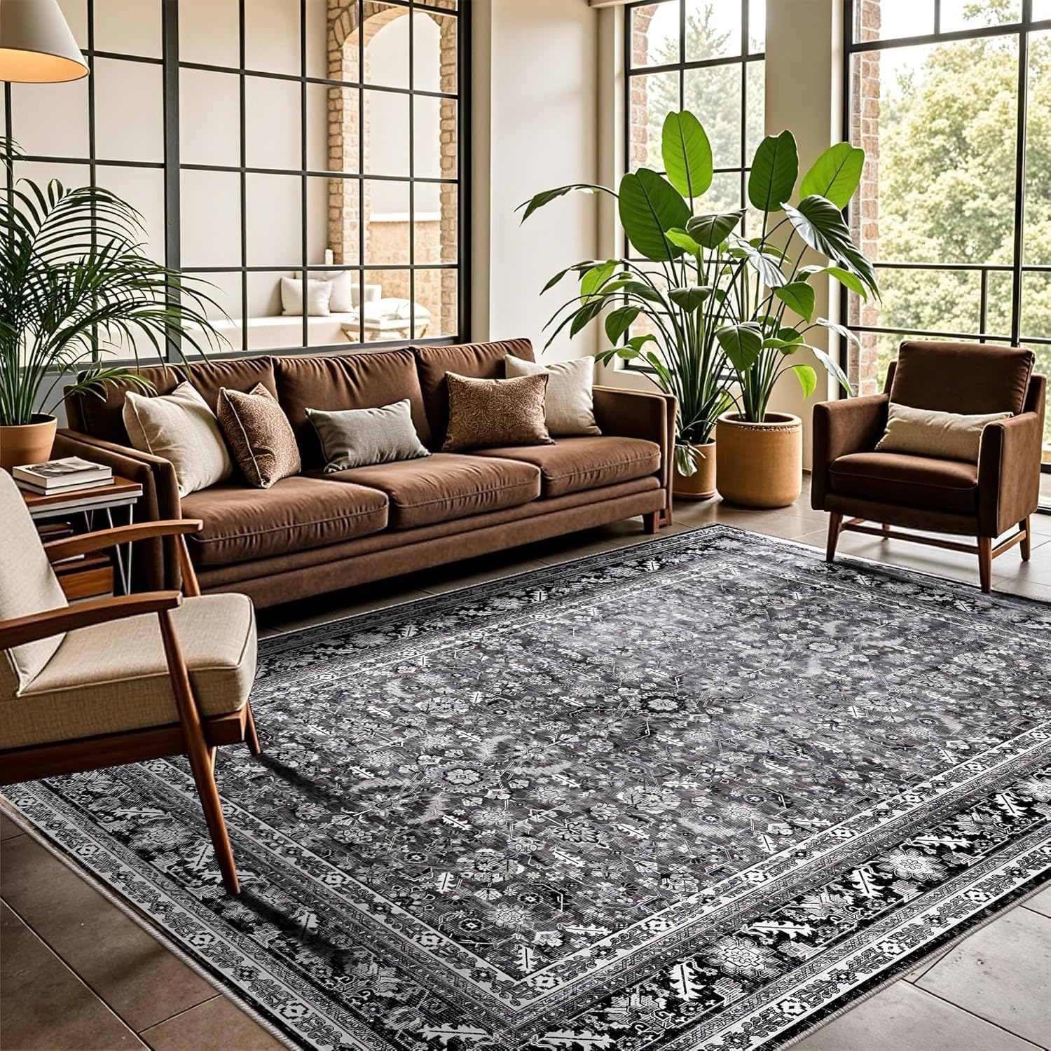 Grand tapis salon lavable oriental noir blanc gris 200x280 antidérapant