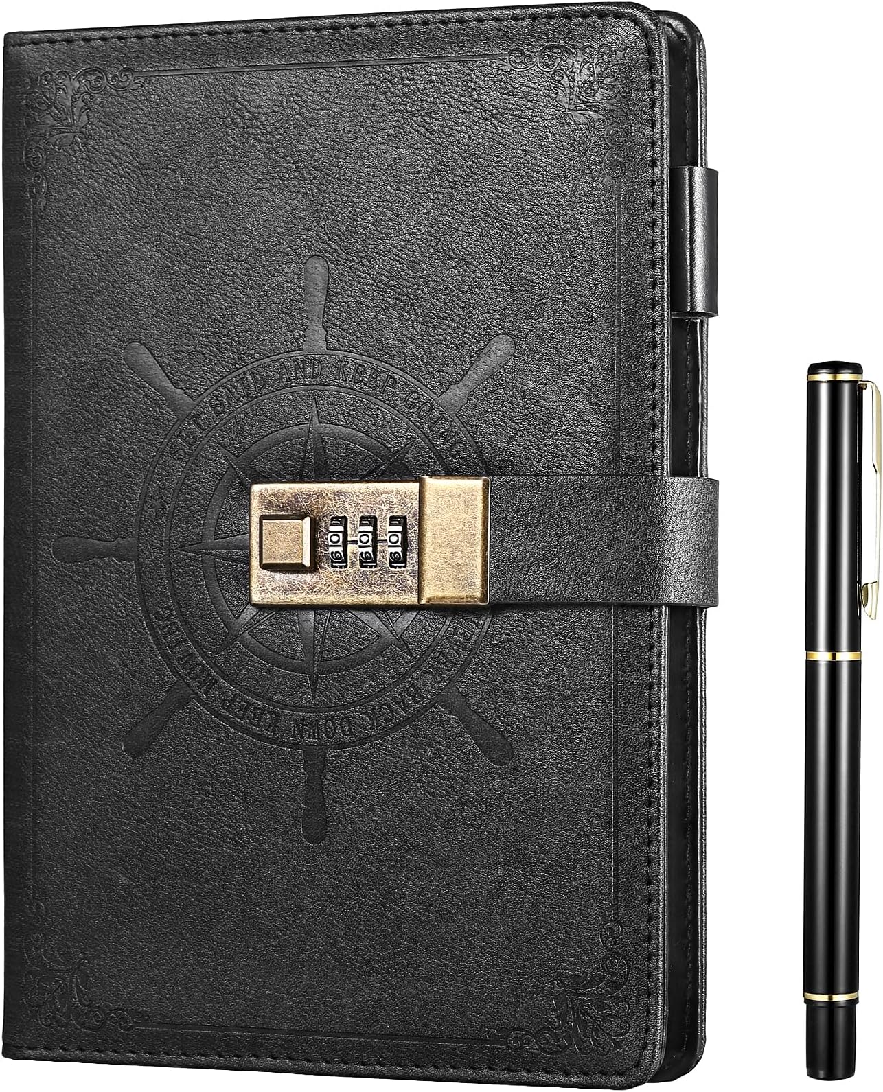 Kesote Black Journal with Lock, Refillable Faux Leather Lock Diary Notebooks Planner Organizer with Pen, A5 College Ruled 210 Lined Pages Locking Journal Notebook