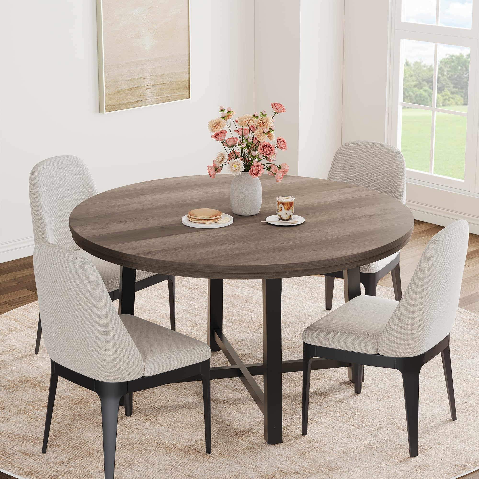 Round Dining Table, 47" Industrial Style Round Dining Table for 4-6 People, Wooden Surface with Metal Pedestal Base, Space-Saving Compact Circle Dinner Table for Kitchen/Dining Room/Living Room ﻿