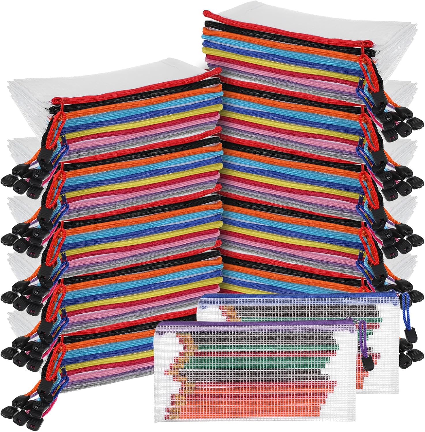 100 Pack Pencil Pouch Bulk Operation Christmas Mesh Zipper Storage Cases Gifts-A6 File Bag Clear Pencil Pouches Multipurpose Toiletry Cosmetics Bags for Office Bill Travel 9.5'' x 4.5''(10 Colors)