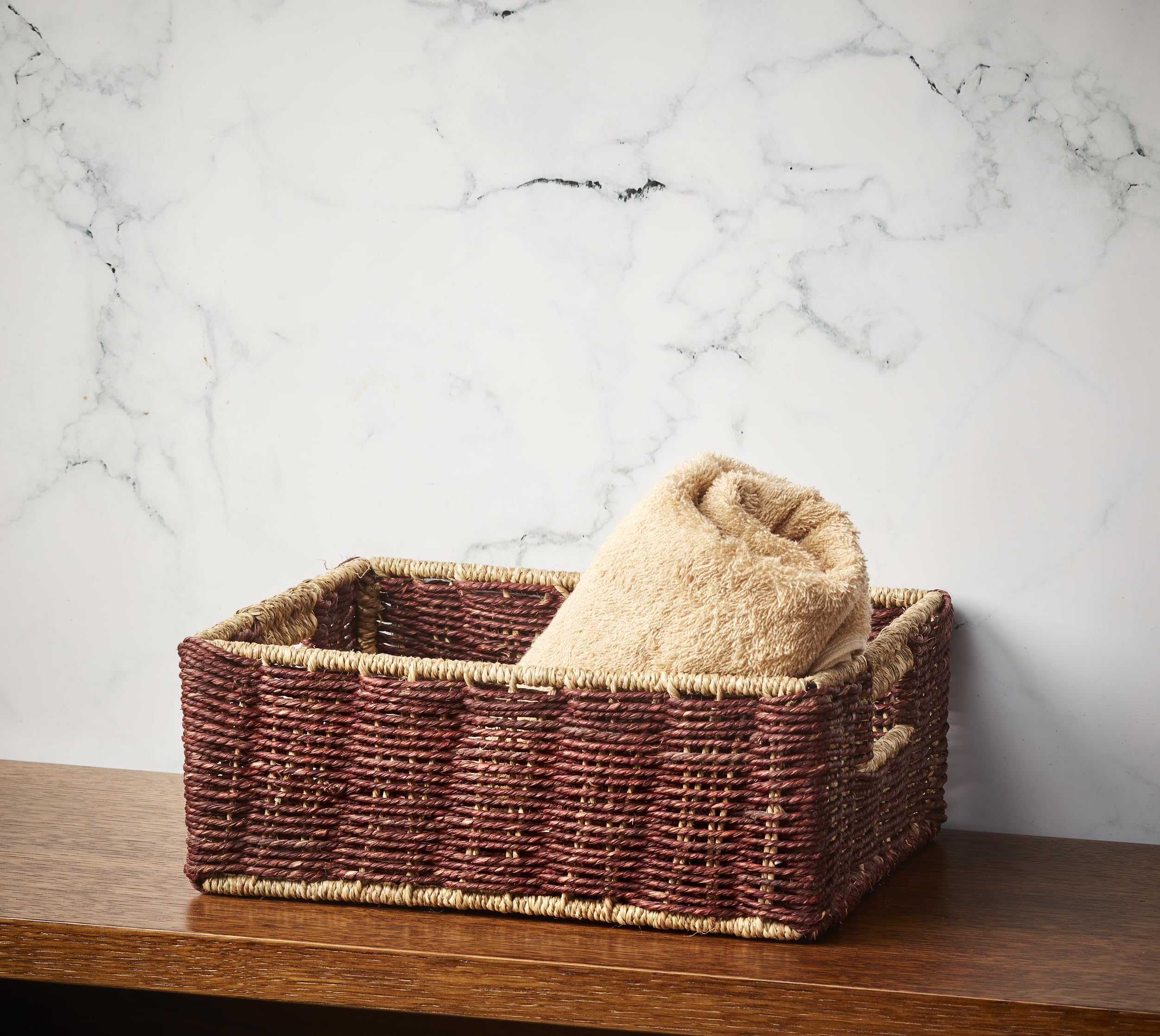 Rectangular Basket For Towel, Handcrafted Sabai Grass Storage Basket For Cosmetics, Toiletry, Multipurpose Basket For Home, Hotel And Bathroom(Small) Brown