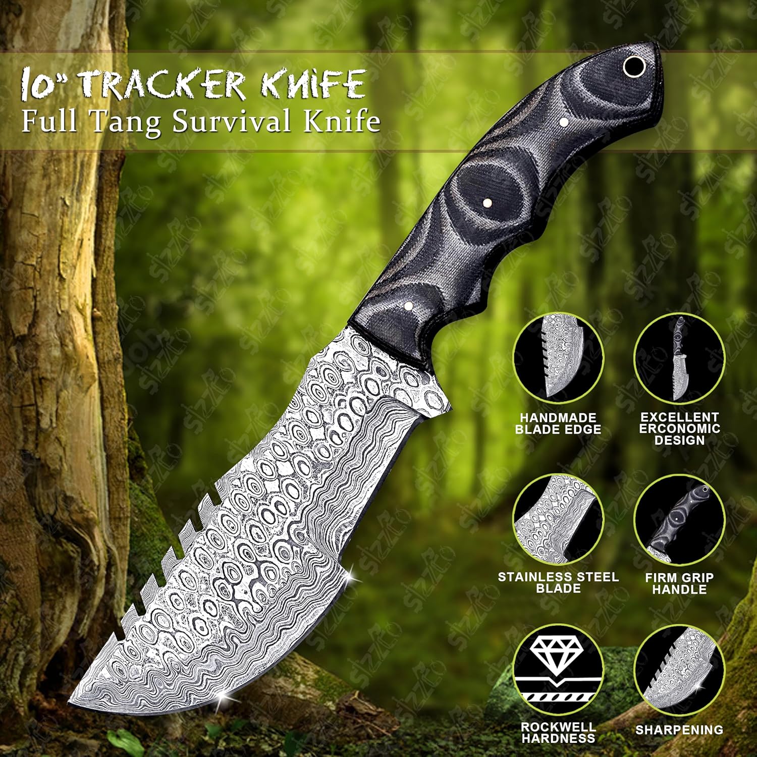 Handmade 10" Damascus Steel Tracker Knife with G10 Handle - Fixed Blade Hunting & Survival Knife - Horizontal Scout Carry Sheath - Bushcraft EDC for Camping & Outdoors
