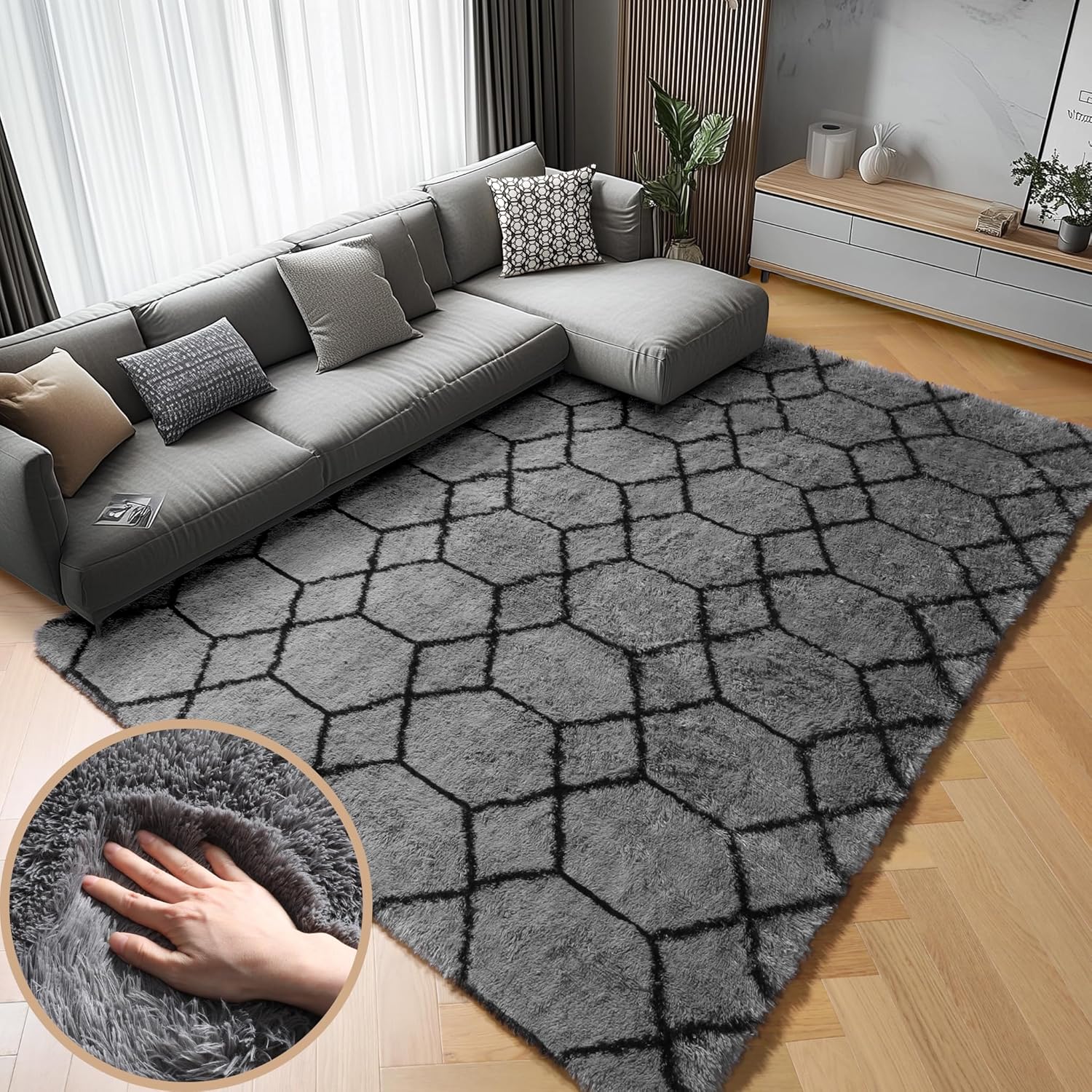 ONASAR Rugs for Living Room, Fluffy Soft 5x8 Grey and Black Geometric Area Rug for Bedroom, Shaggy Fuzzy Plush Moroccan Floor Carpet for Kids Boys Girls Teen Nursery Dorm Office Home Decor Aesthetic