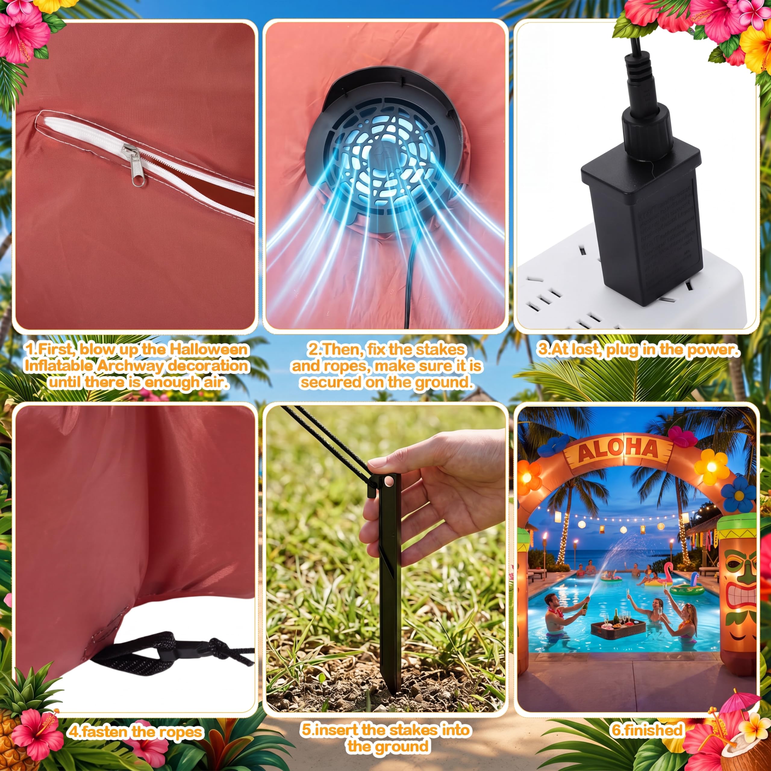 Arco gonfiabile Luau hawaiano da 3 m, decorazione estiva illuminata a LED, decorazione estiva Aloha Tiki per feste, per l'estate, tropicale, spiaggia, piscina, interni ed esterni, prato