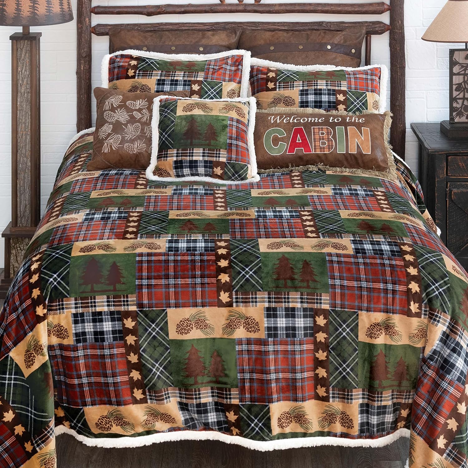 Black Forest Decor Pinecone Woodland Plush Sherpa Bed Set - King – Rustic Lodge Bedding, 92" x 96" Comforter with Shams