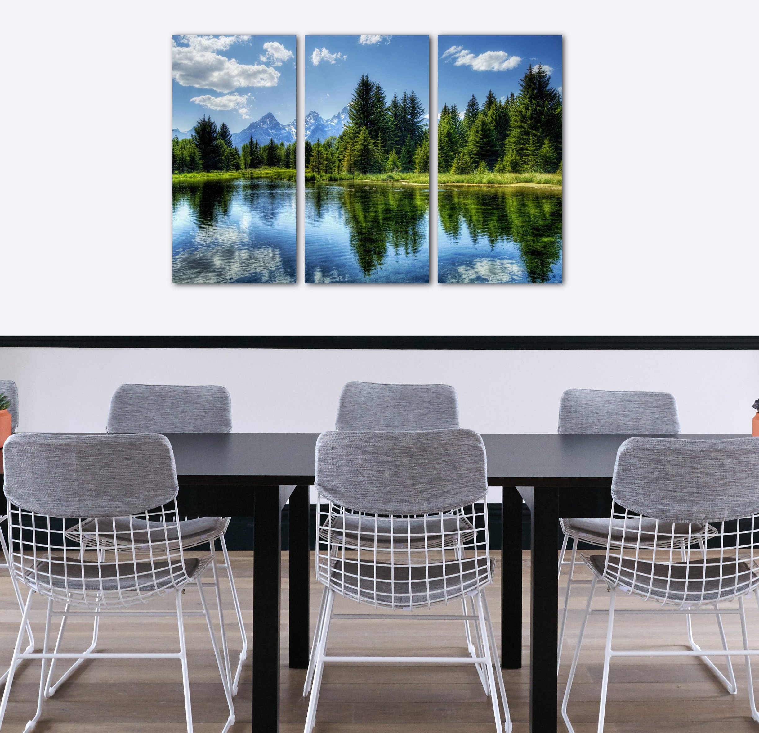 Printed Paintings Leinwand 3-teilig(120x80cm): Landschaftsbilder grüner Wald, dahinter Berge, SPI