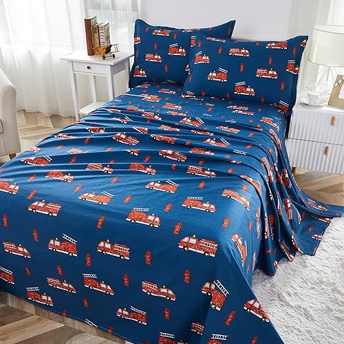 Brandream Juego de ropa de cama para niños, tamaño Queen, juego de sábanas para niños y adolescentes, estampado de camiones de bomberos, 100%