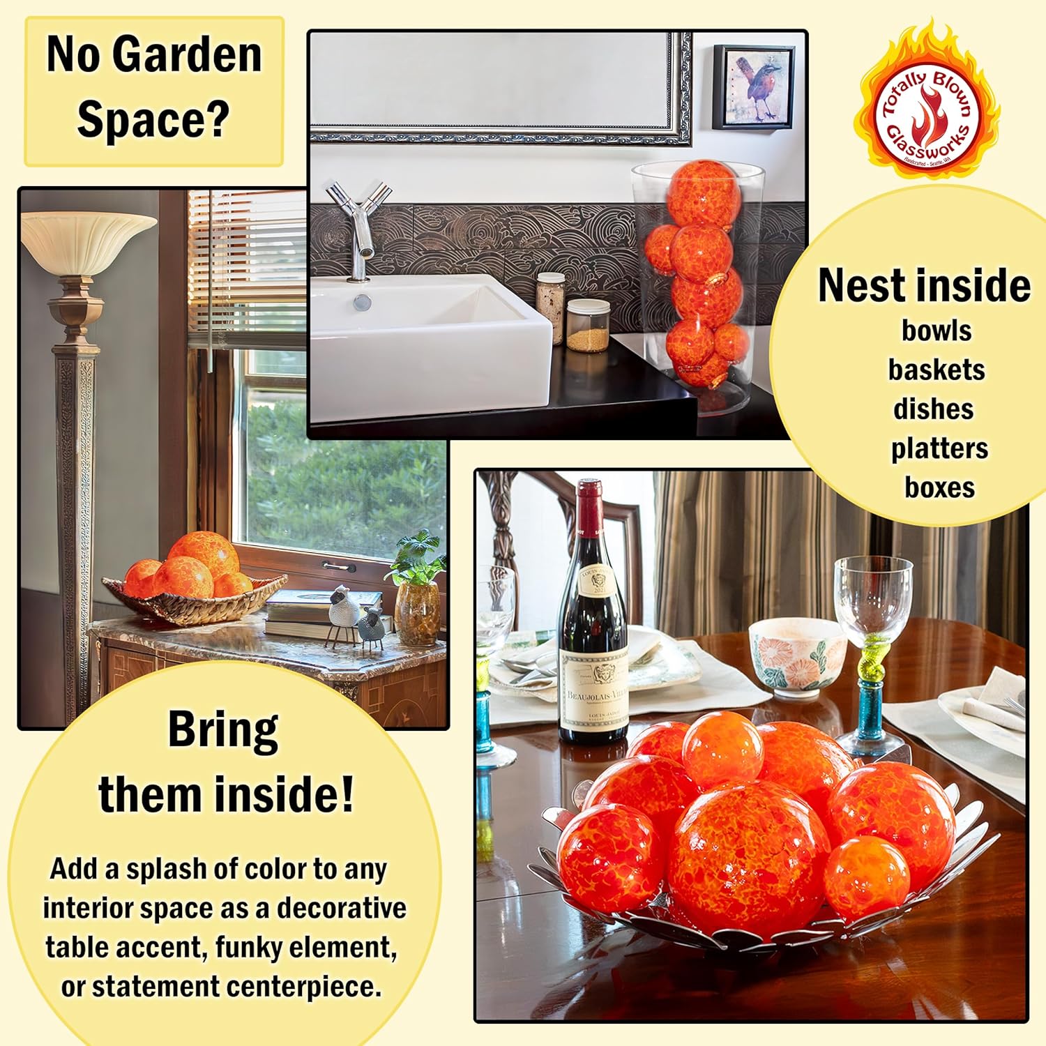 Pond Float. Handmade Blown Glass, Garden Gazing Ball, Table Centerpiece, Assorted Home and Patio Decor. Artist Dehanna Jones. Seattle, WA. (Orange)