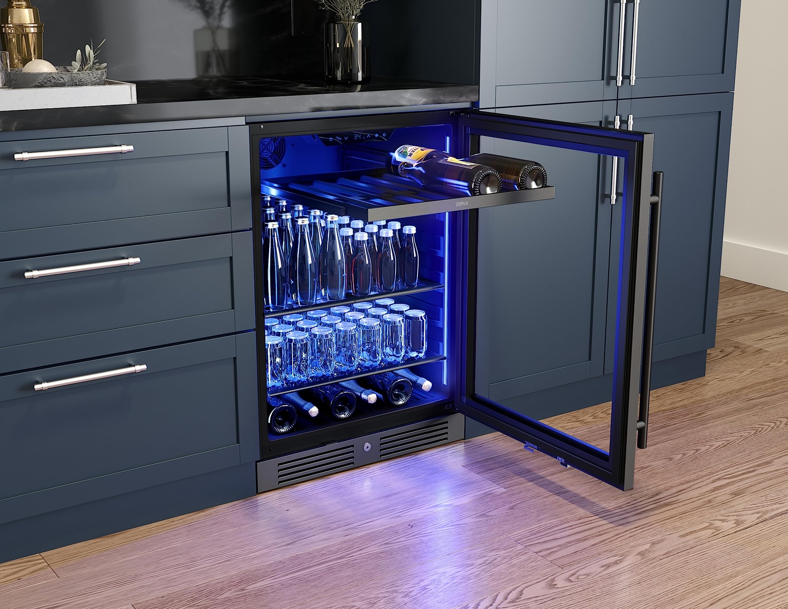Zephyr PRB24C01C Presrv 24 Inch Wide 7 Bottle and 108 Can Capacity Energy Star Certified Wine and Beverage Cooler with 3-Color LED Lighting - Black Stainless Steel on Fridge.com