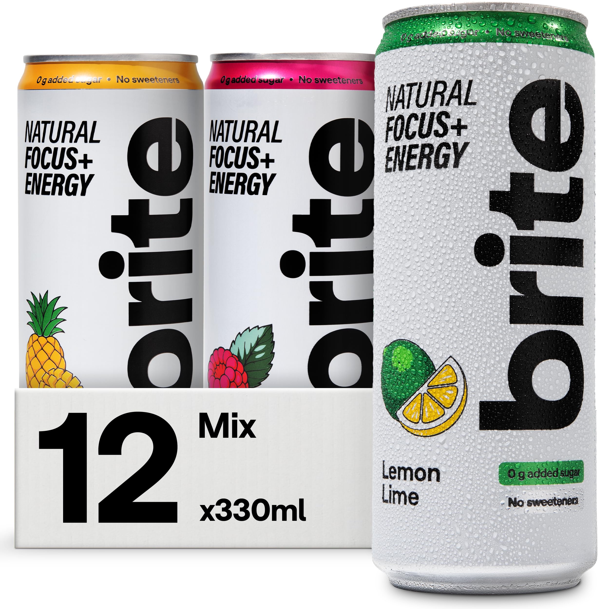 Brite Natural Focus. Boisson énergisante et alternative au café pour améliorer la productivité. À base de plantes, faible en calories, végétalienne, sans gluten. Mix 12 x 330 ml.