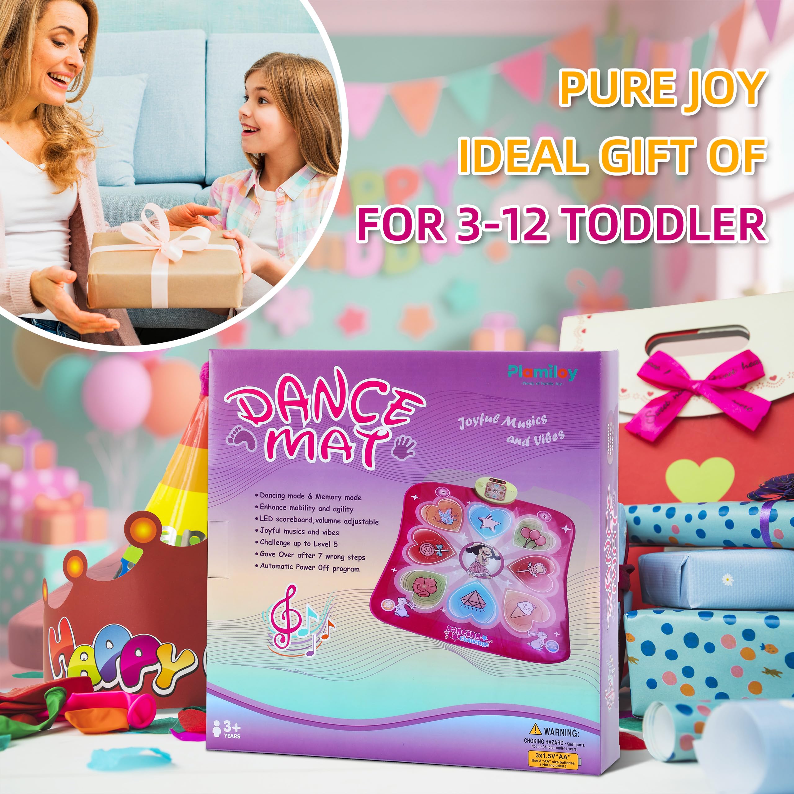 Tapete de baile para niños y niñas de más de 3 años, tapete de juego de baile de regalo para niños, almohadilla de baile con luz LED, volumen ajustable, música integrada, 3 niveles de desafío 2
