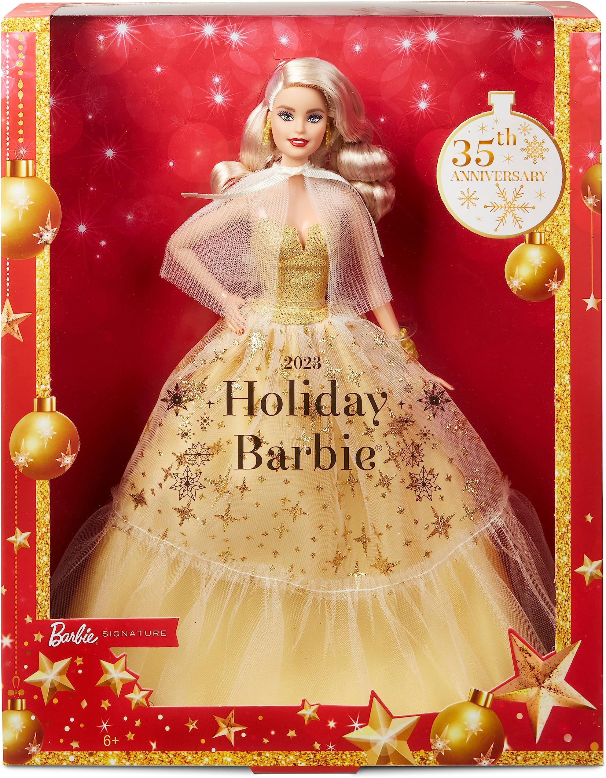 Signature 2023 Holiday Doll, Blonde Hair Wearing Golden Gown, Collectible with Doll Stand & Certificate of Authenticity