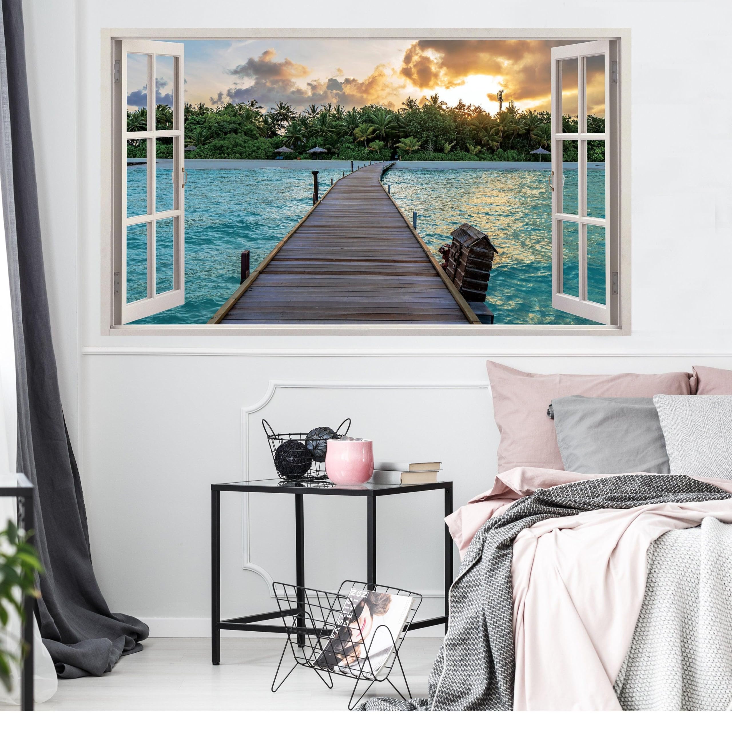 Adhesivo de pared 3D con ventana y vista a la playa, removible para dormitorio, escena del océano, vinilo para habitación, 63 x 38 pulgadas, muestra 1