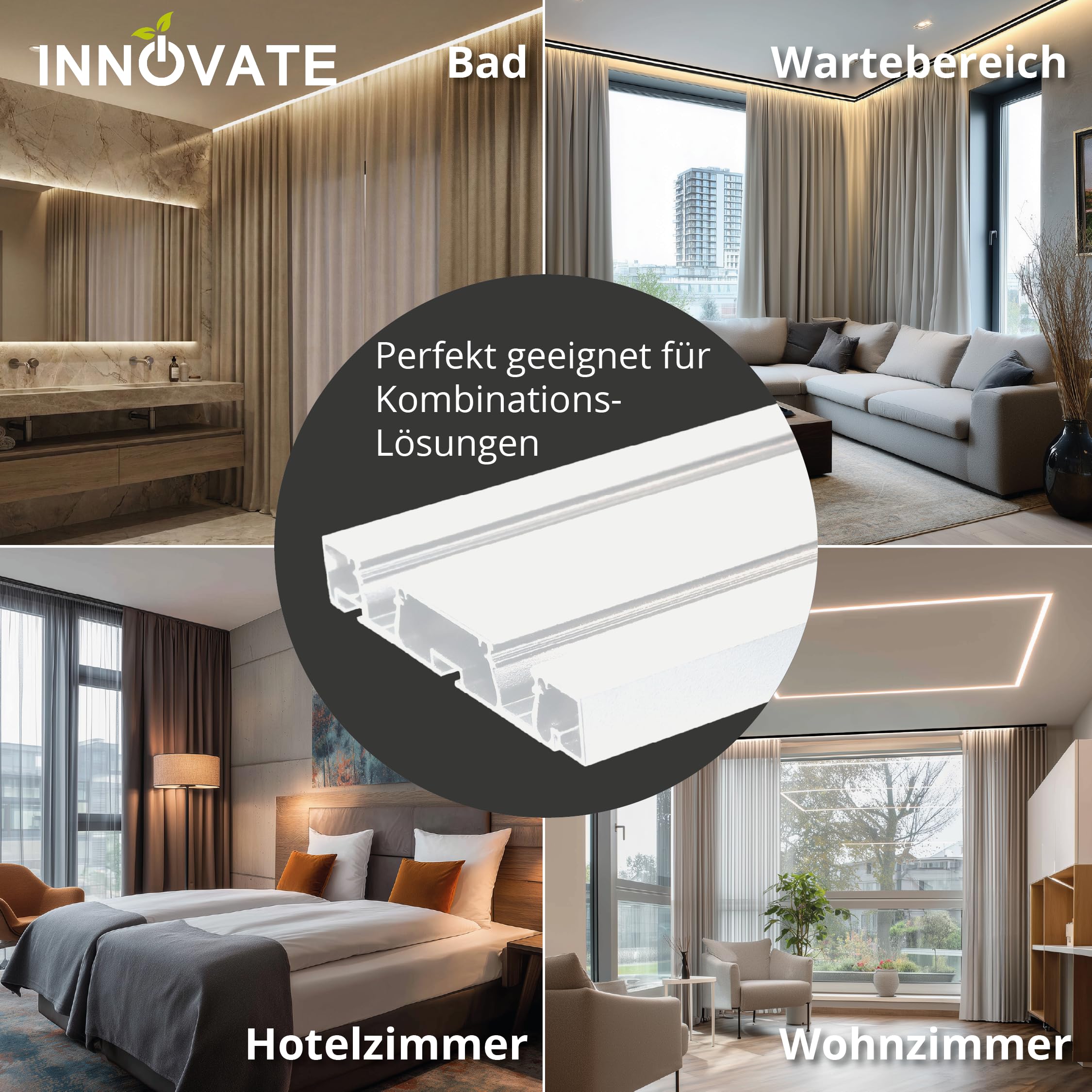 INNOVATE Gardinenschiene 2-läufig Alu Weiß 2m I Vorhangschiene 2-läufig | Gardinenstange Aluminium LED Streifen Gardinen 2000x95x14 mm I Vorhangstange Schiebegardinen Vorhänge Schiebevorhang Decke