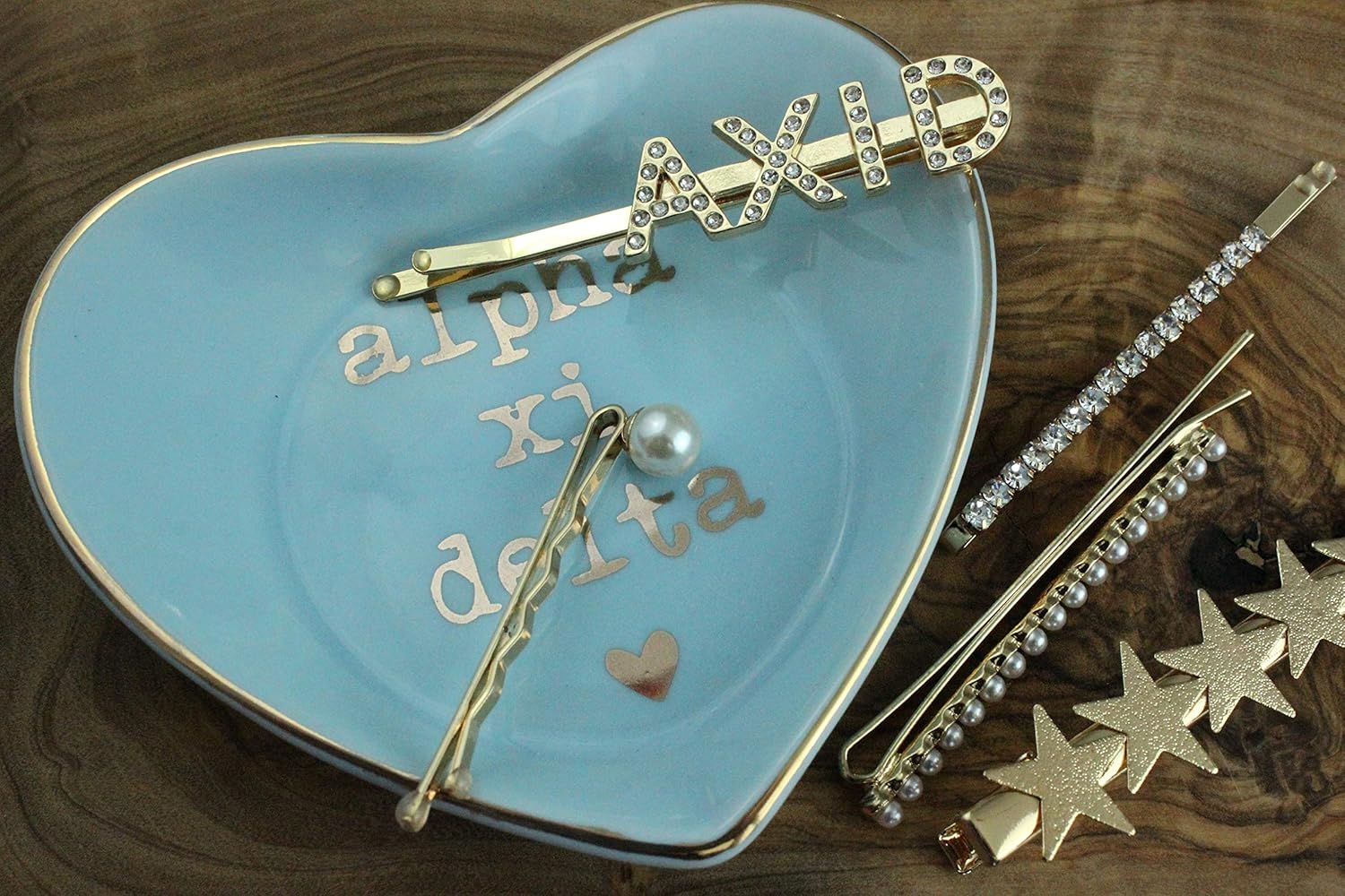 Sorority Shop Alpha Xi Delta Jewelry Dish - Heart-Shaped High-Gloss Finish Ceramic Tray with Gold Detailing, Multi-Function Ceramic Ring Dish for Home or Office, Ideal for Jewelry and Keys