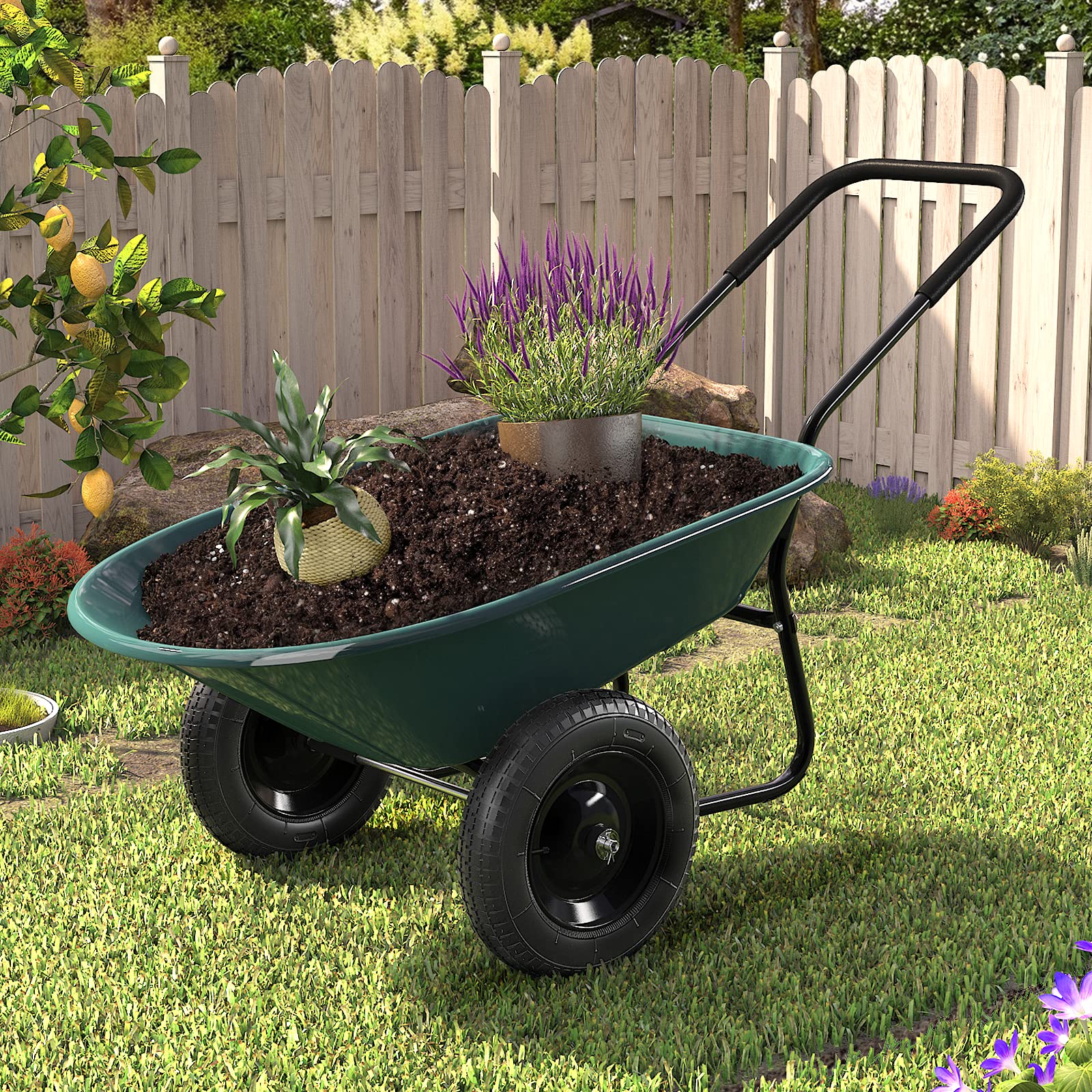GYMAX Brouette de Jardin 2 Roues avec Cuve de 140 L, Chariot de Jardin avec Contenant en PP, Cadre en Fer Charge 100kg, Pneumatiques pour Tout Terrain, Convient pour Jardin, Patio et Entrepôt (Vert)