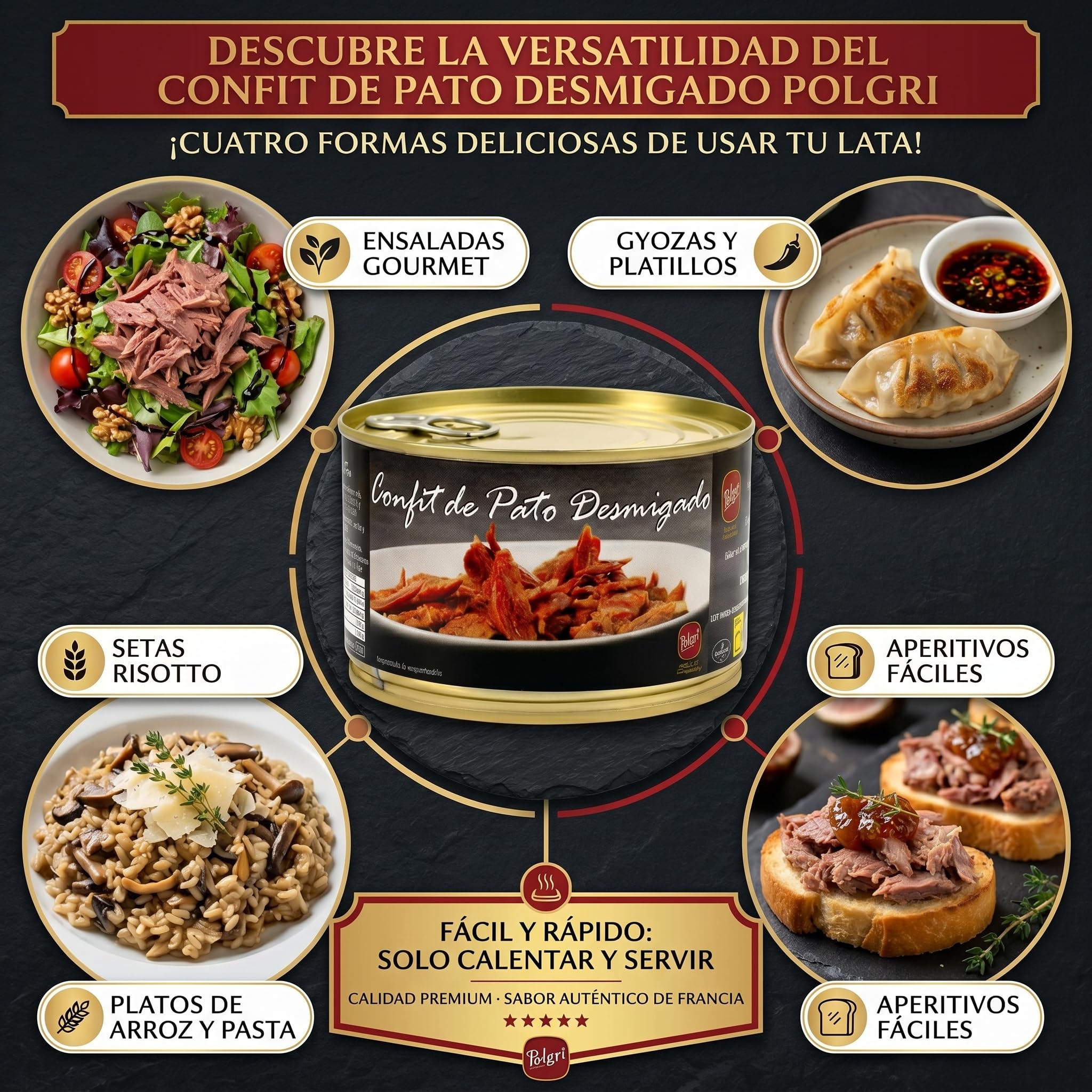 POLGRI Confit de Pato Desmigado Carne de Pato Desmigada Pulled Duck Lata 1350 g Conserva Gourmet Caza Receta Manchega Artesana Lista para Arroces Croquetas Empanadas Fideua Relleno Tradicional