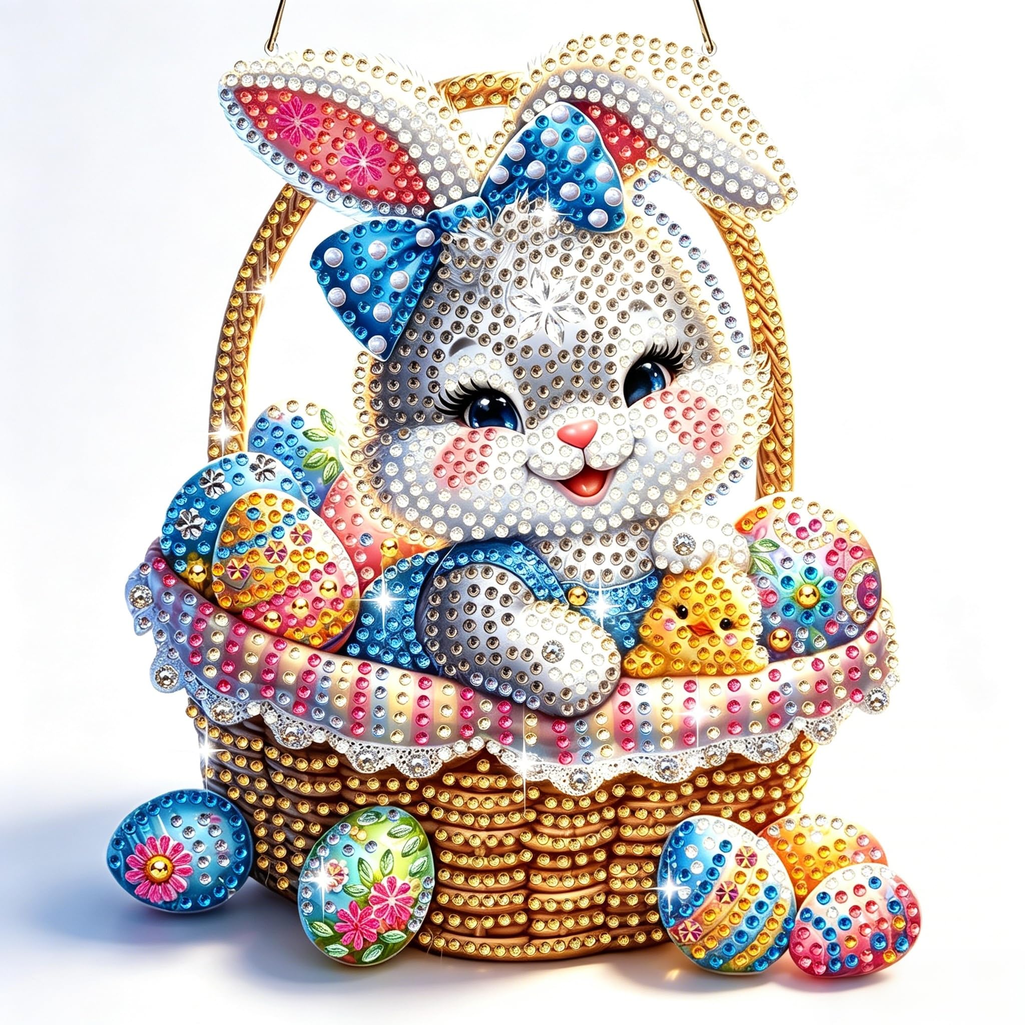 Bowetile Diamond Painting Hanging Ornament with Chain, Easter Egg Diamond Painting Pendant Kits for Adults Beginners Kids, Easter Bunny Diamond Crystal Gem Arts Crafts Kit Gift for Home Wall Decor