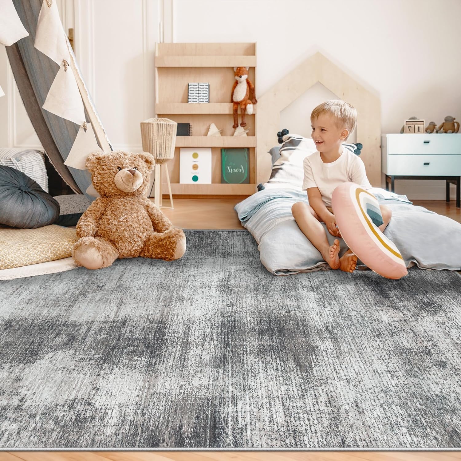 Washable Area Rugs for Living Room: 5x7 Rug Modern Abstract Neutral Soft Non Slip Low-Pile Carpet Kids Rugs for Bedroom Nursery Dining Room (Grey, 5'x7')