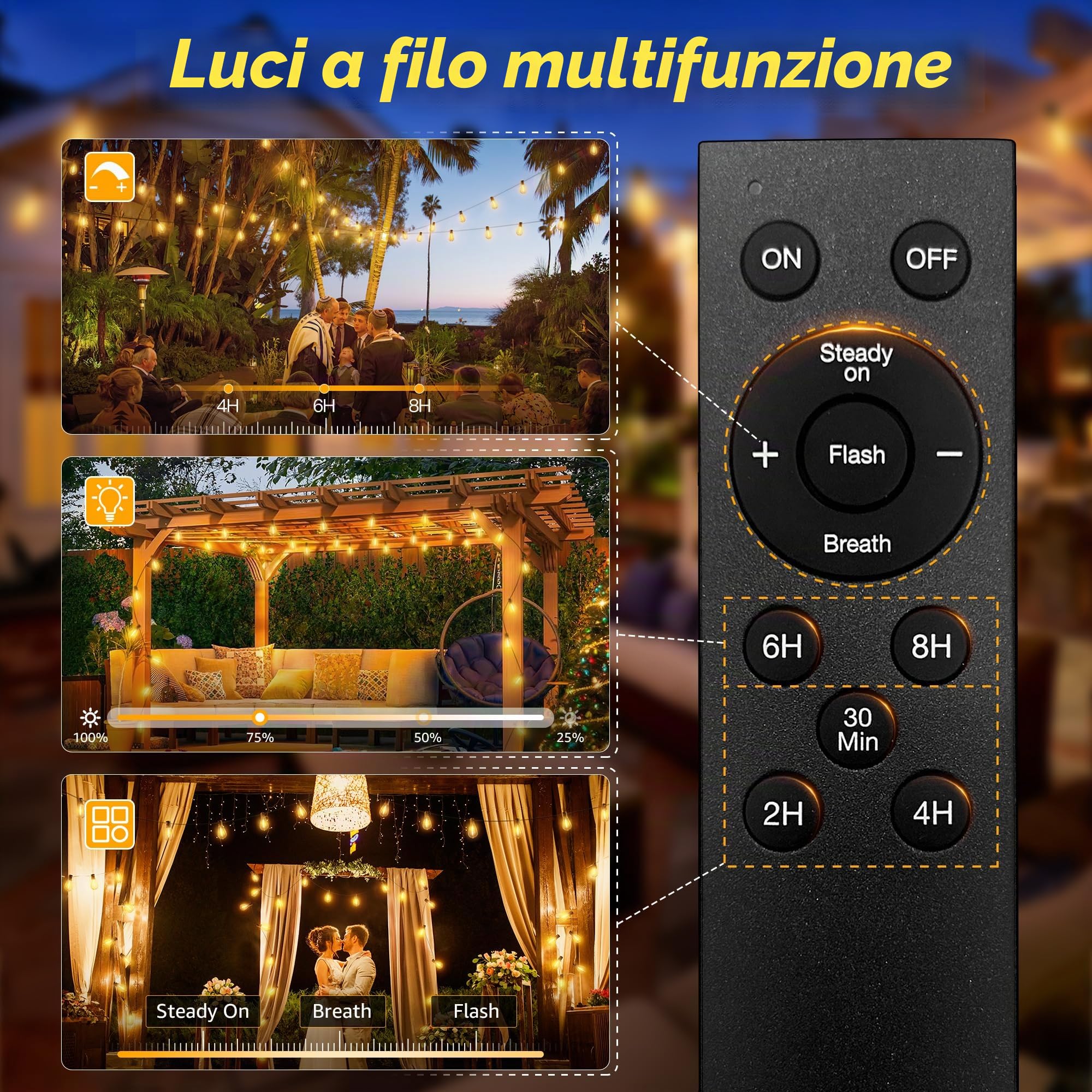 Ollny Ghirlanda di luci solari per esterni, 30 m, 35 + 2 lampadine LED, illuminazione solare S11 con telecomando, 3 modalità, funzione timer, impermeabile IP65, per giardino, balcone, campeggio