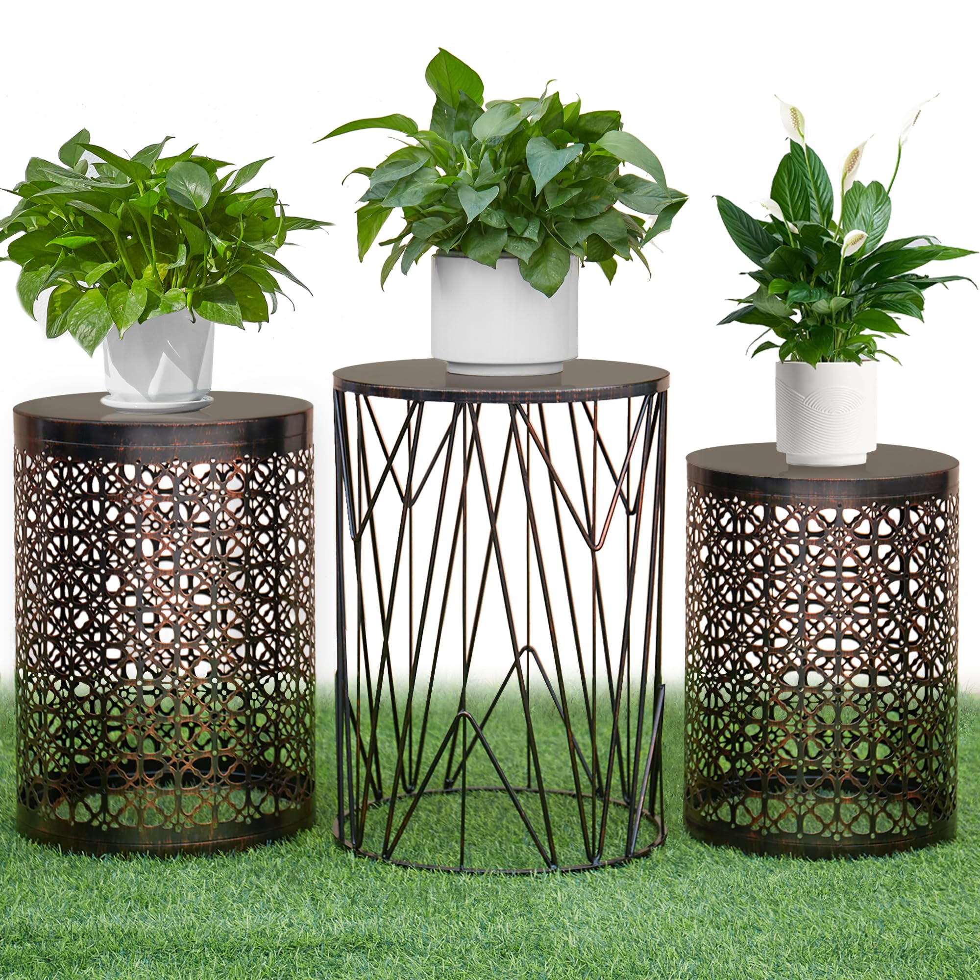 Y&M Set of 3 Round Patio Tables, Coffee Table End Table, Outdoor Indoor Side Table for, Garden Stool-Black with Bronze (Ship from US)