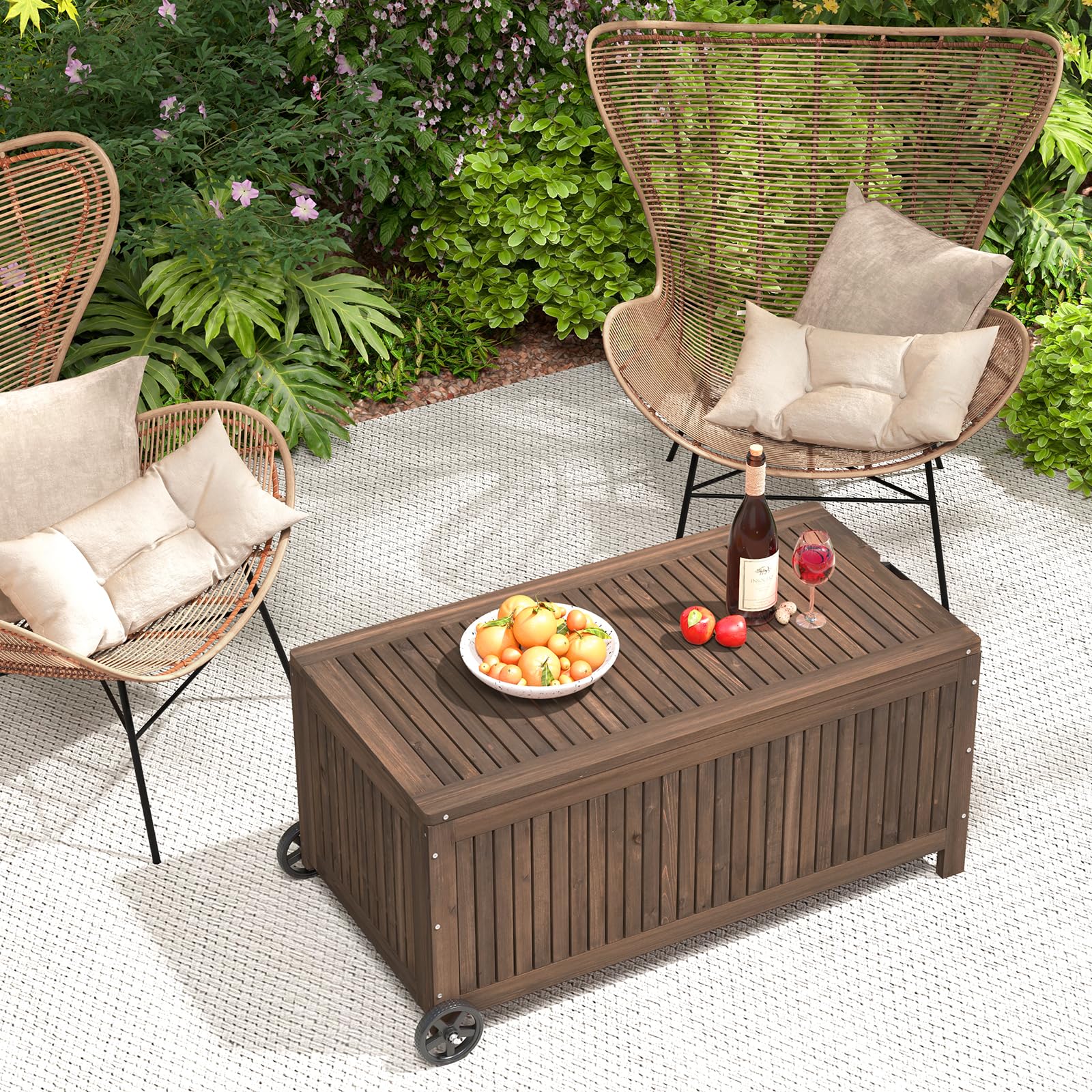COSTWAY Gartenbox Holz 213 L, Aufbewahrungsbox mit Rädern, Kissenbox mit wasserdichter PE-Auskleidung, Auflagenbox mit Deckel & Griff, für Garten Terrasse, 114 x 58,5 x 51 cm, Braun