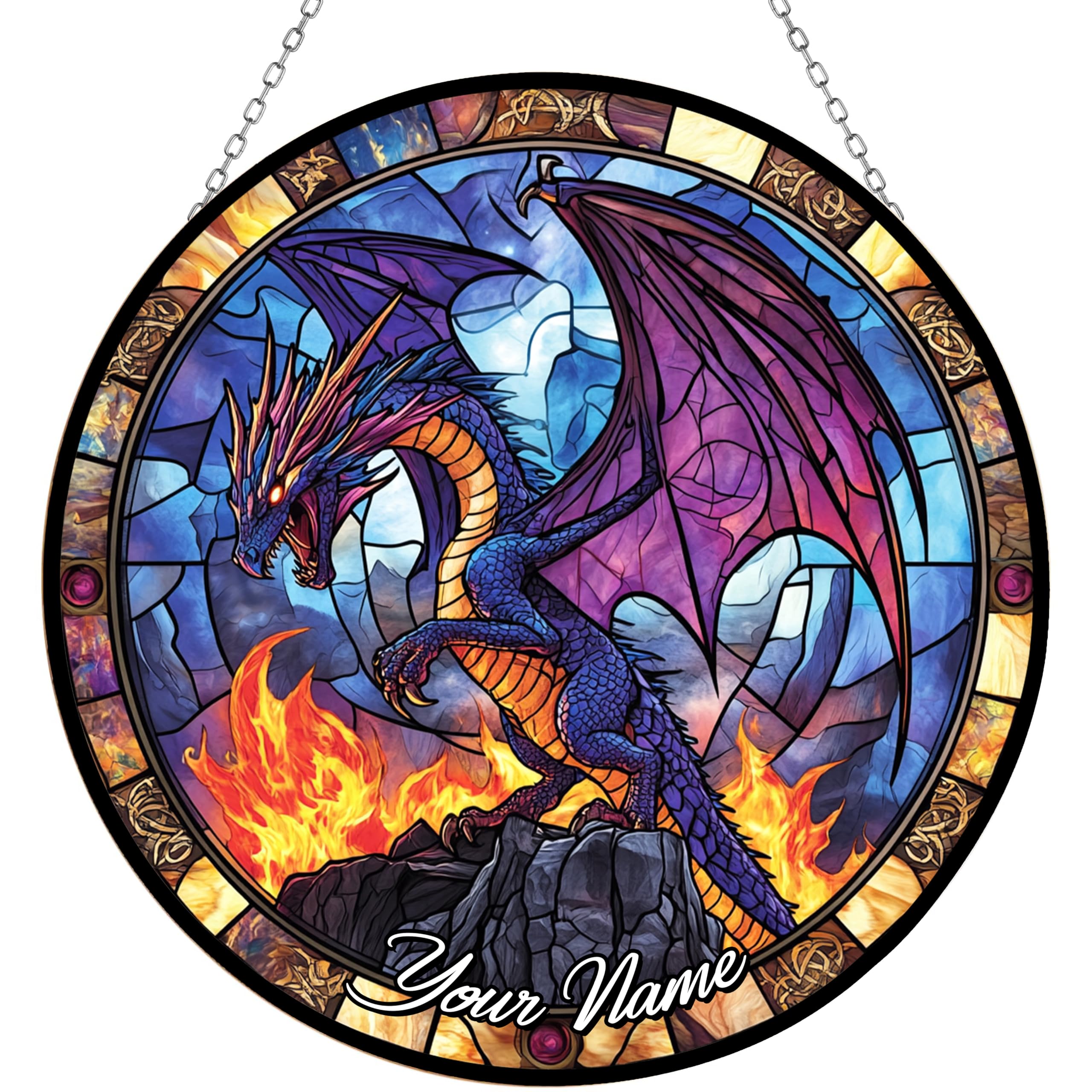 365CUSGIFTS Personalized Dugeron Dragon Stained Glass Window Hanging Suncatcher, Gothic Christmas Ornaments for Fiction Lovers, Dinosaur Room Decor for Nursery New Home Gifts