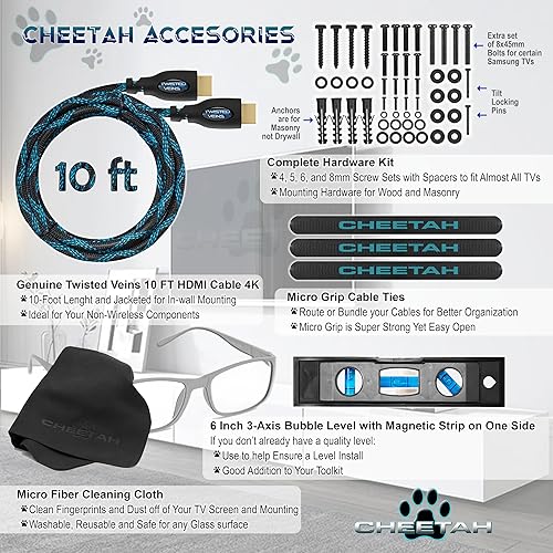Miniatura 6 de Cheetah - Soporte de pared para TV, incluye estructura inclinable, cable HDMI de 10 pies y un nivel de burbuja magnético de 3 ejes de 6 pulgadas
