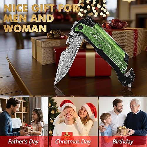 Miniatura 9 de Cuchillo plegable multifuncional 7 en 1 con hoja de acero de Damasco, rompedor de vidrio, cortador de cinturón de seguridad, linterna, arrancador de